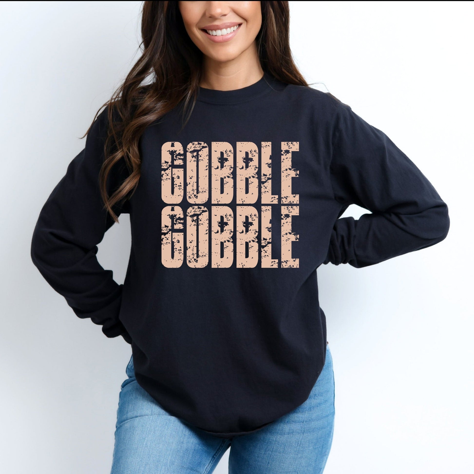 Gobble Gobble Block Distressed - Women's Garment Dyed Long Sleeve Graphic T-Shirt