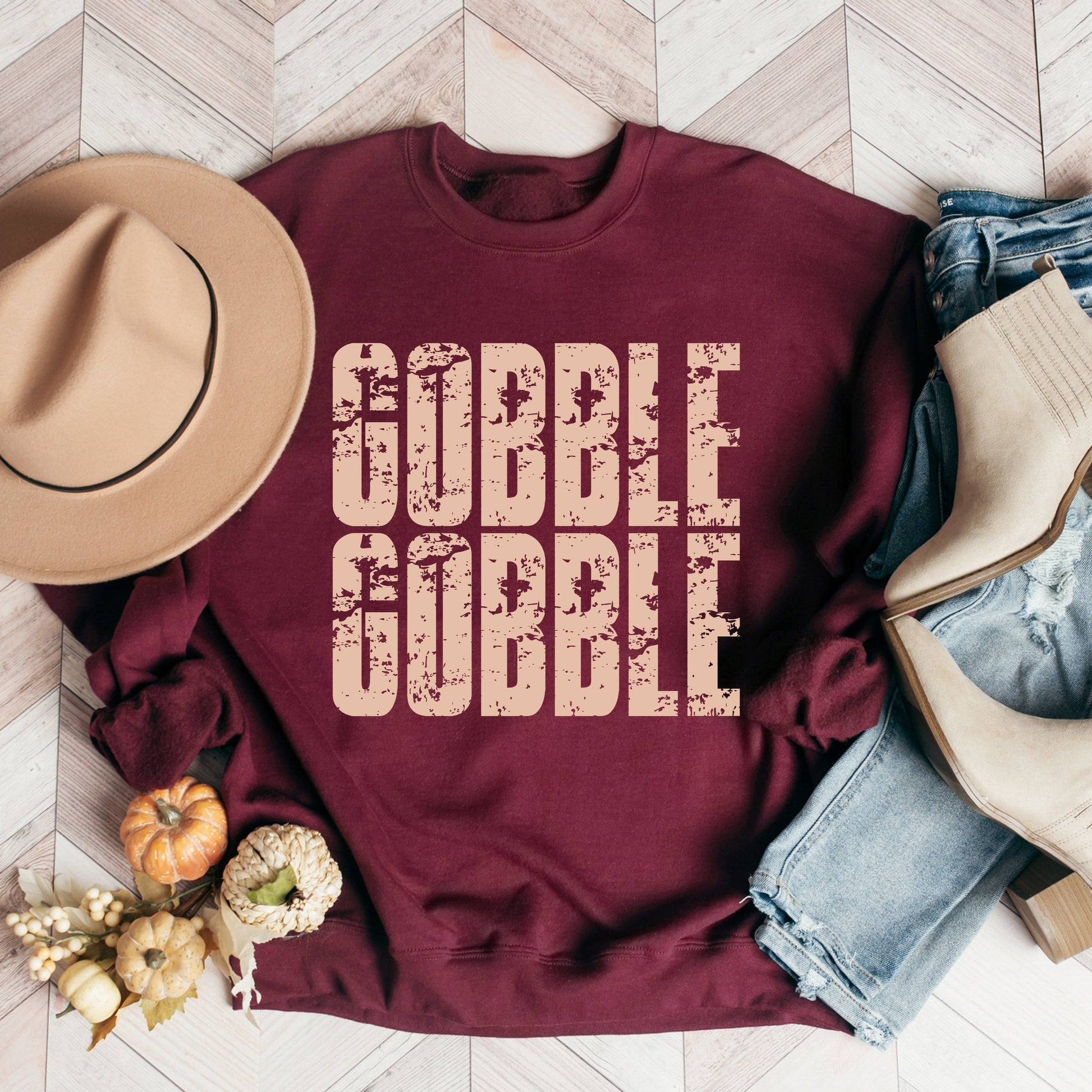 Gobble Gobble Block Distressed - Women's Graphic Sweatshirt