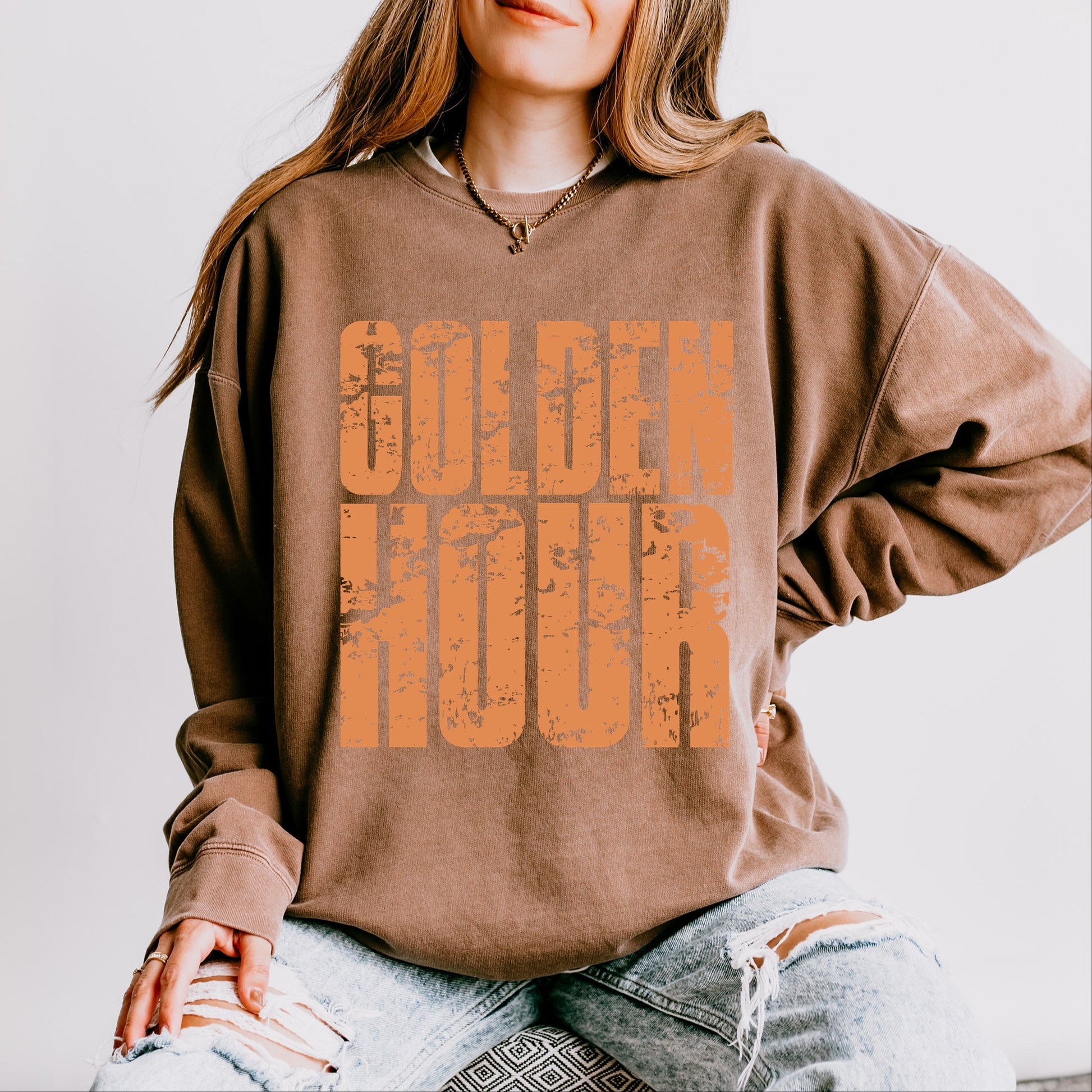 Golden Hour Block Distressed - Women's Lightweight Garment Dyed Sweatshirt