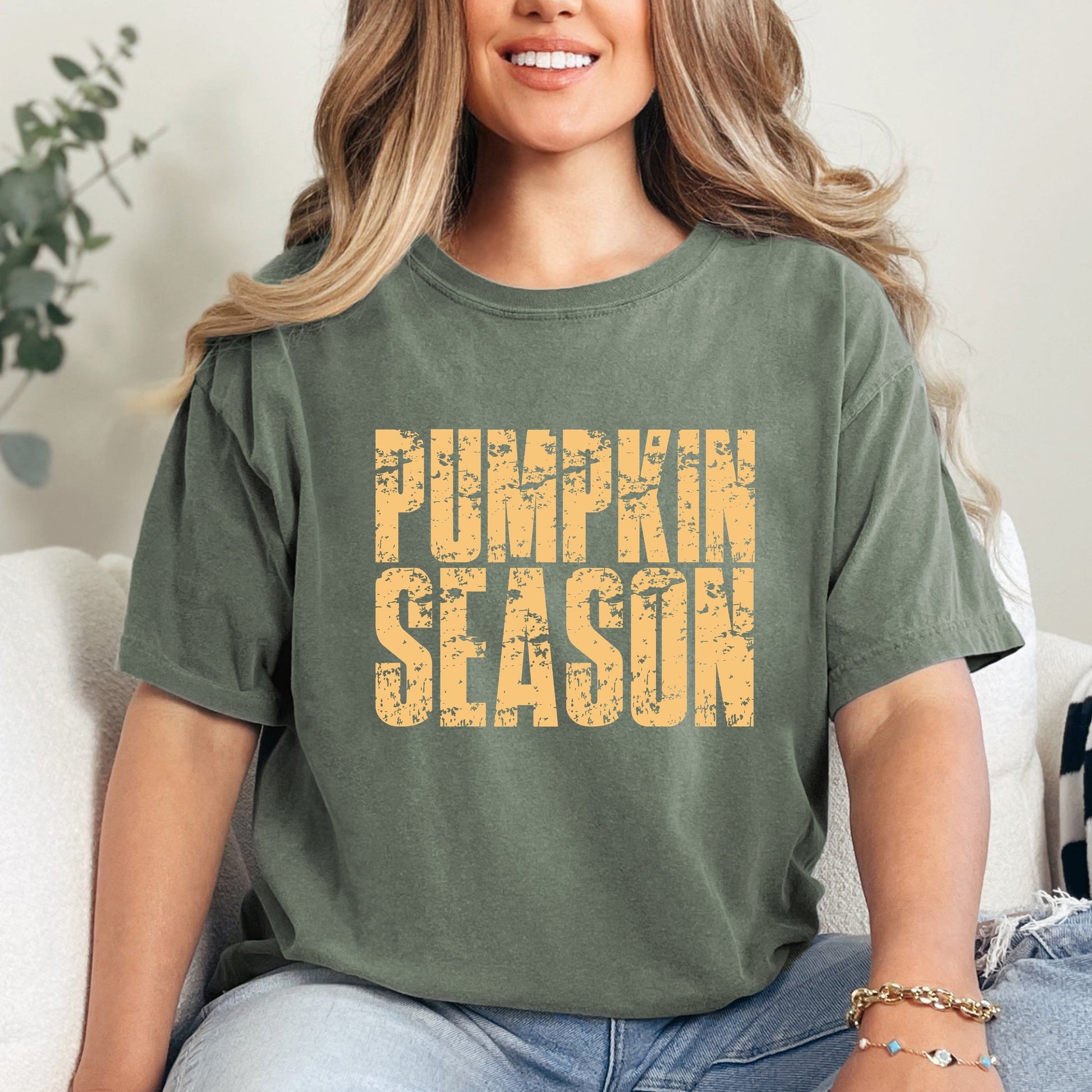 Pumpkin Season Block Distressed - Women's Garment Dyed Graphic T-Shirt