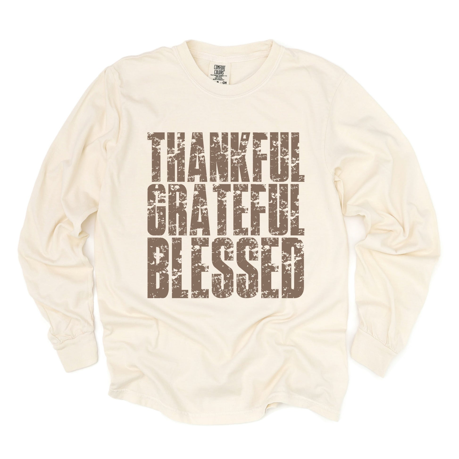 Thankful Grateful Blessed Block Distressed - Women's Garment Dyed Long Sleeve Graphic T-Shirt