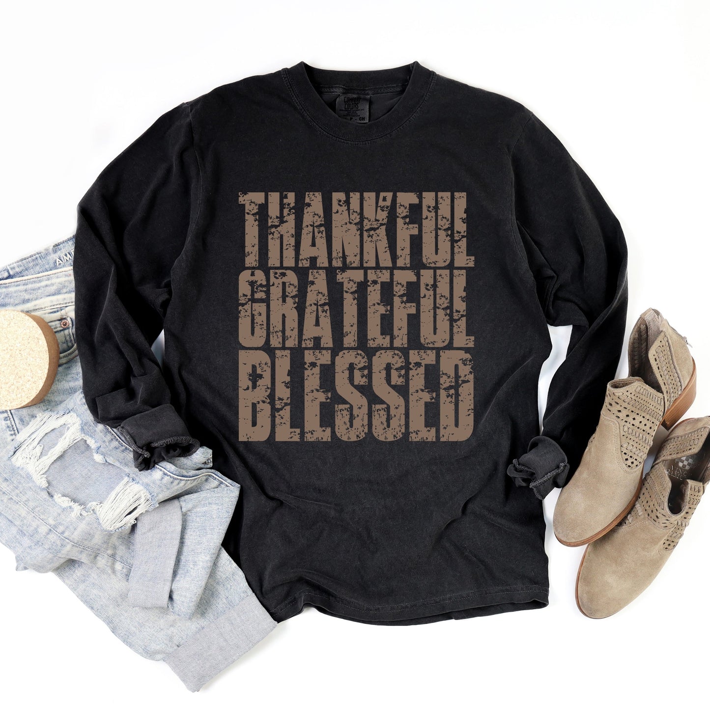 Thankful Grateful Blessed Block Distressed - Women's Garment Dyed Long Sleeve Graphic T-Shirt
