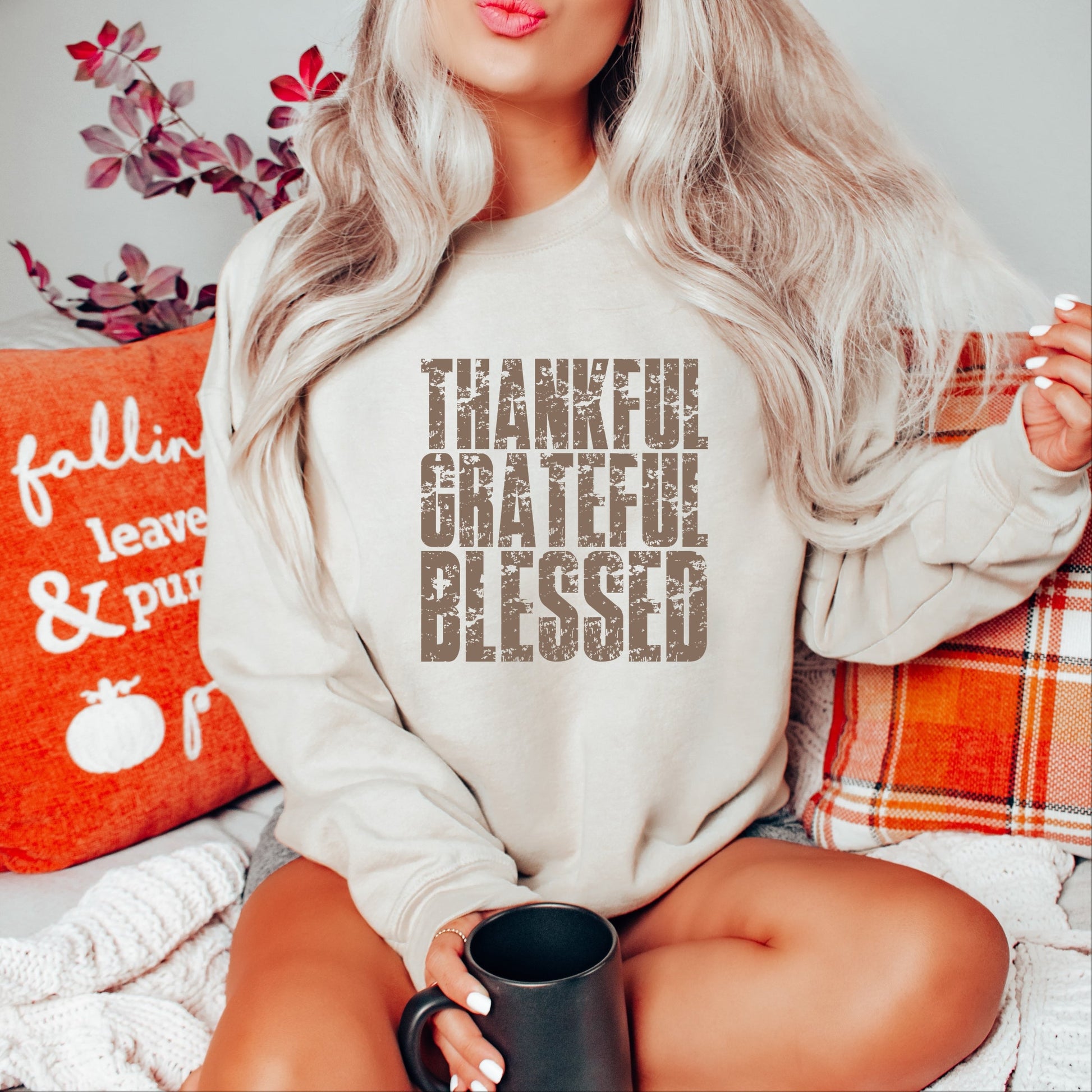 Thankful Grateful Blessed Block Distressed - Women's Graphic Sweatshirt