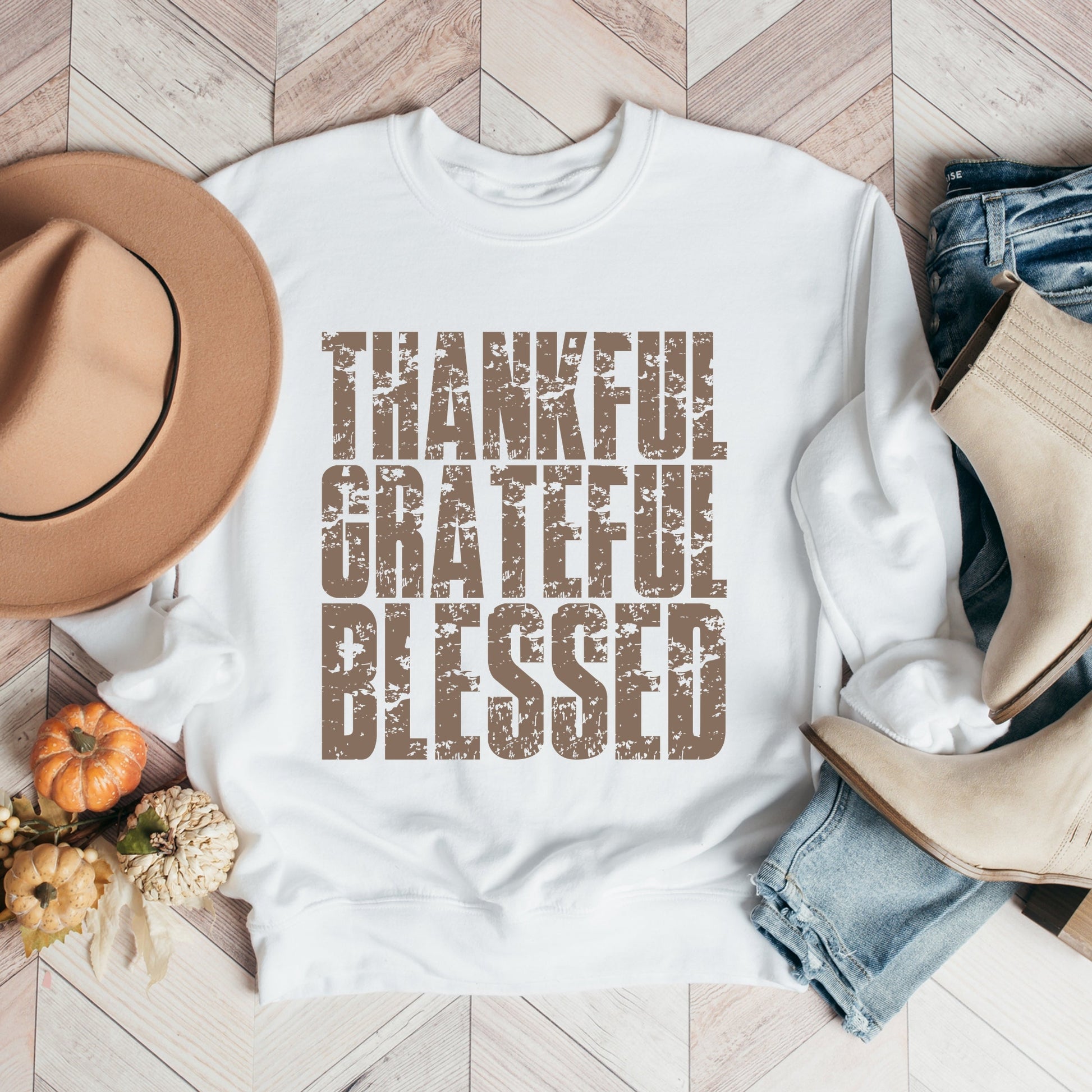 Thankful Grateful Blessed Block Distressed - Women's Graphic Sweatshirt