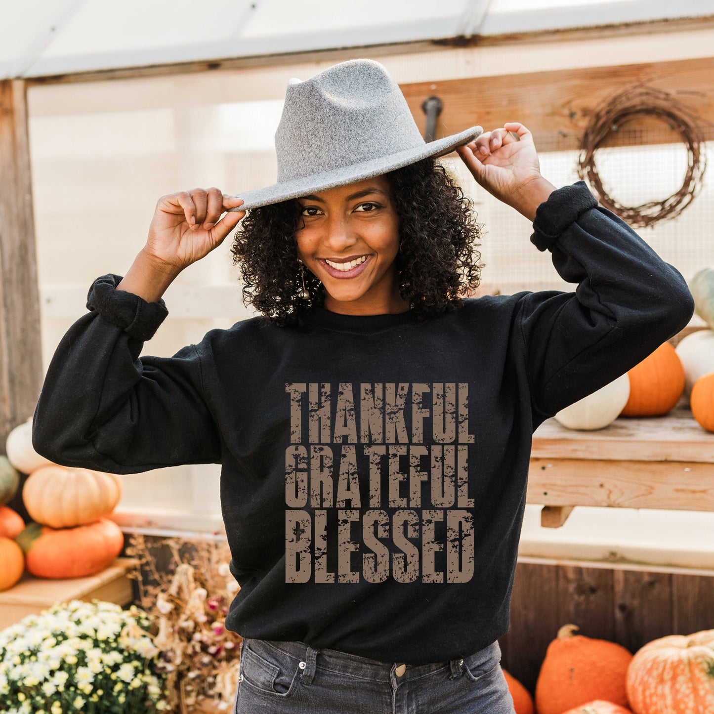 Thankful Grateful Blessed Block Distressed - Women's Graphic Sweatshirt