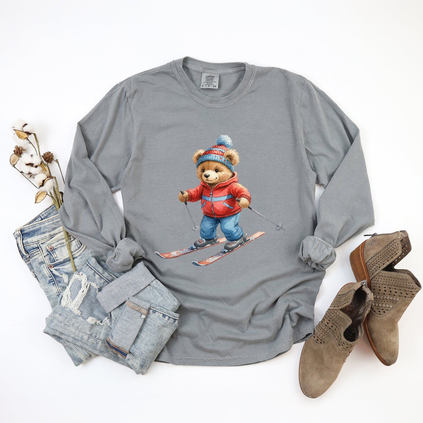 Skiing Bear Watercolor - Women's Garment Dyed Long Sleeve Graphic T-Shirt