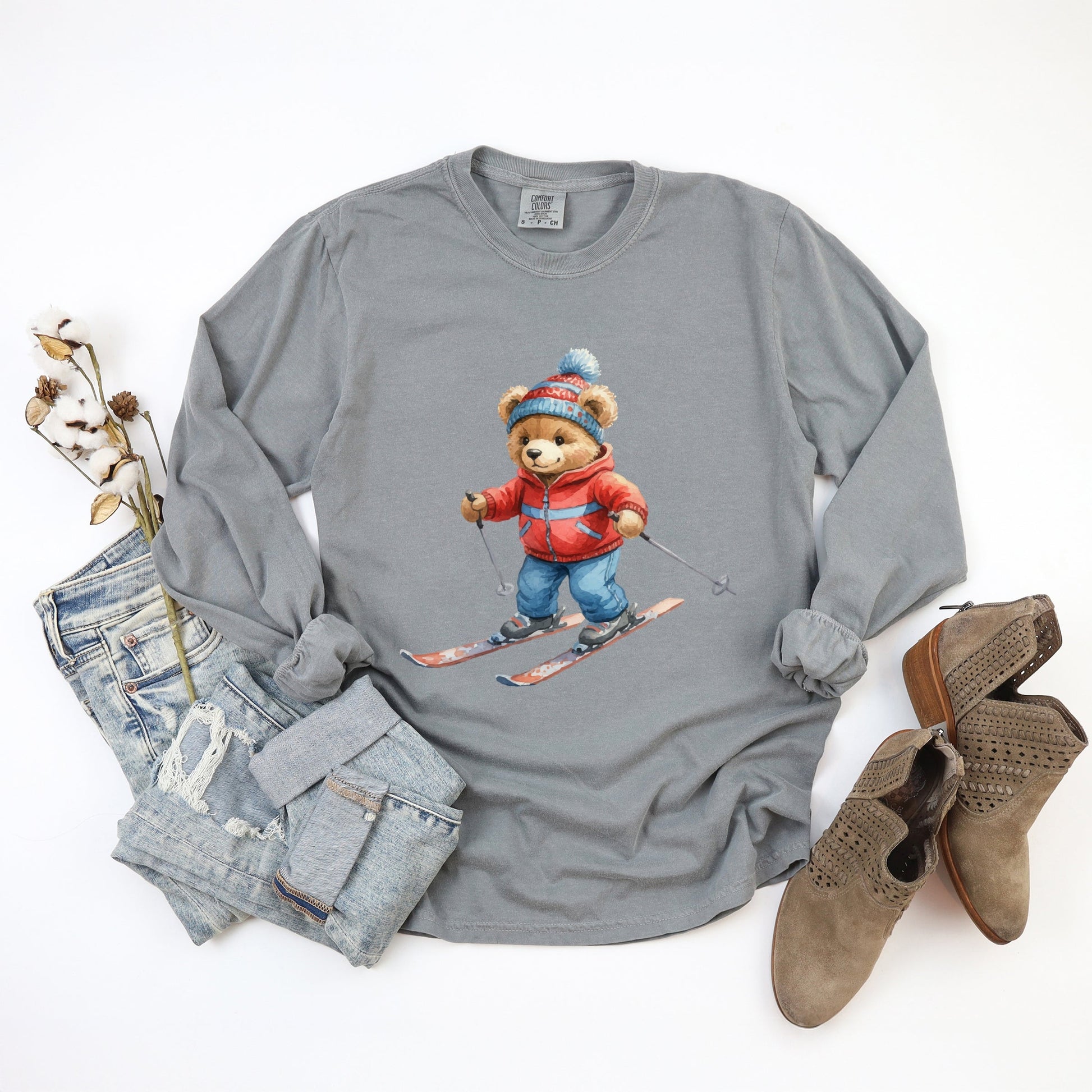 Skiing Bear Watercolor - Women's Garment Dyed Long Sleeve Graphic T-Shirt