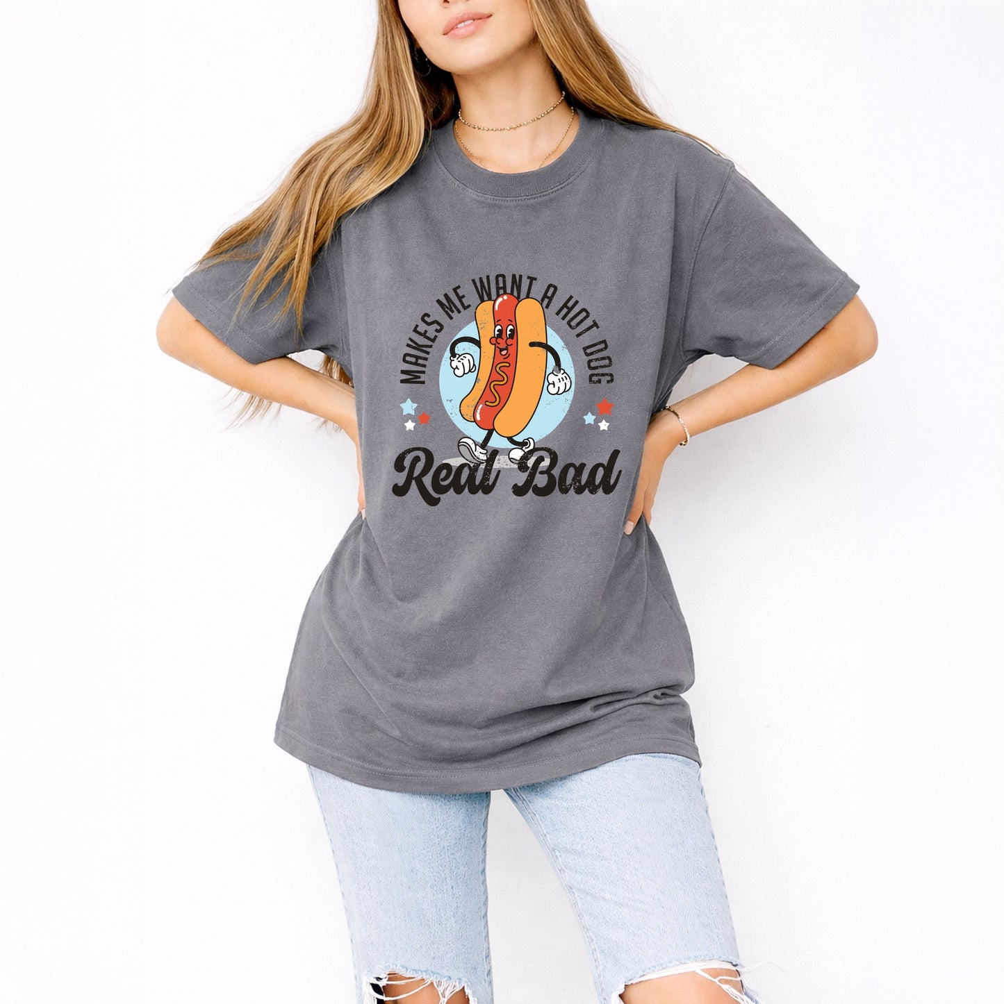 Makes Me Wants A Hot Dog Real Bad Cartoon - Women's Garment Dyed Graphic T-Shirt