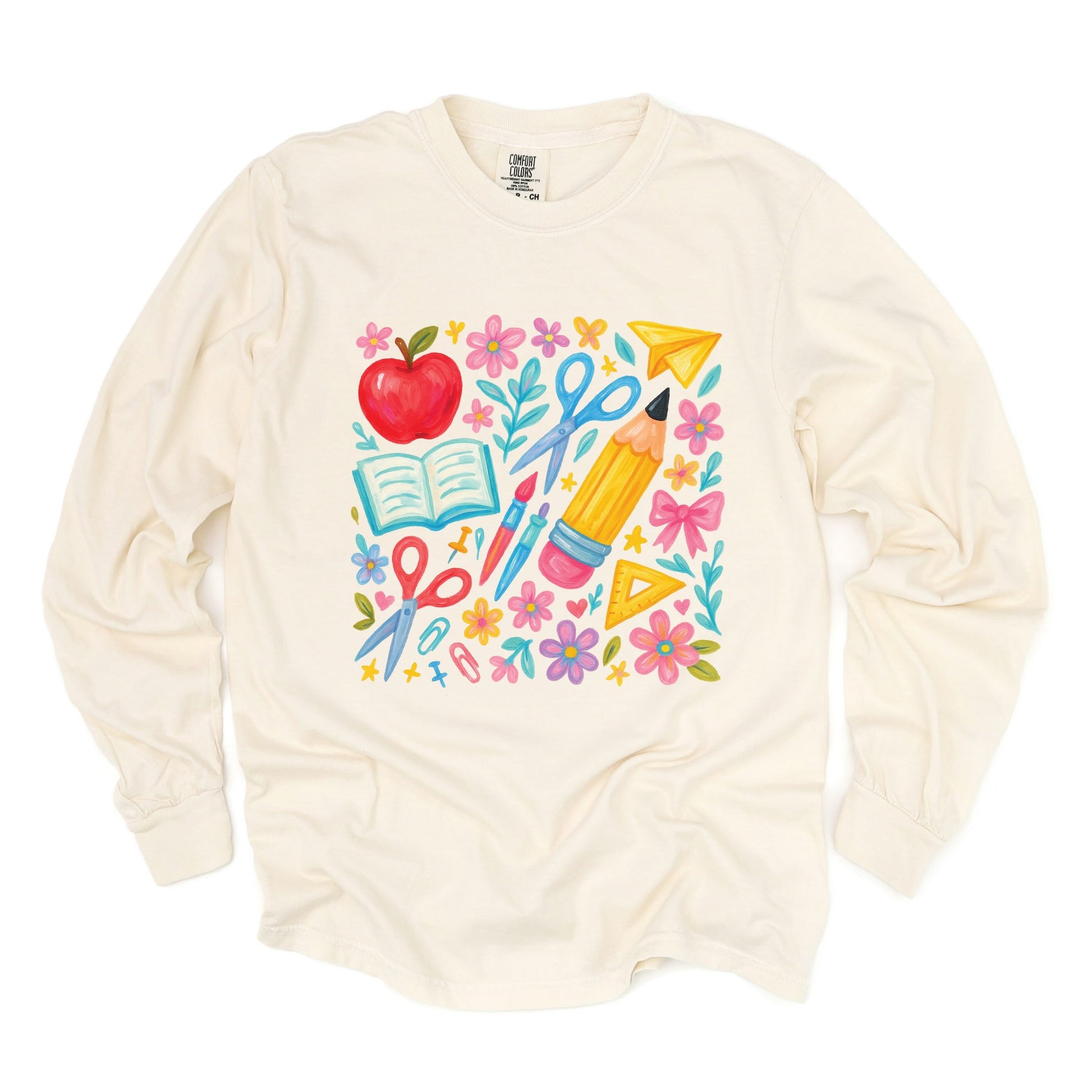 Watercolor Teacher Apple Collage - Womens Garment Dyed Long Sleeve