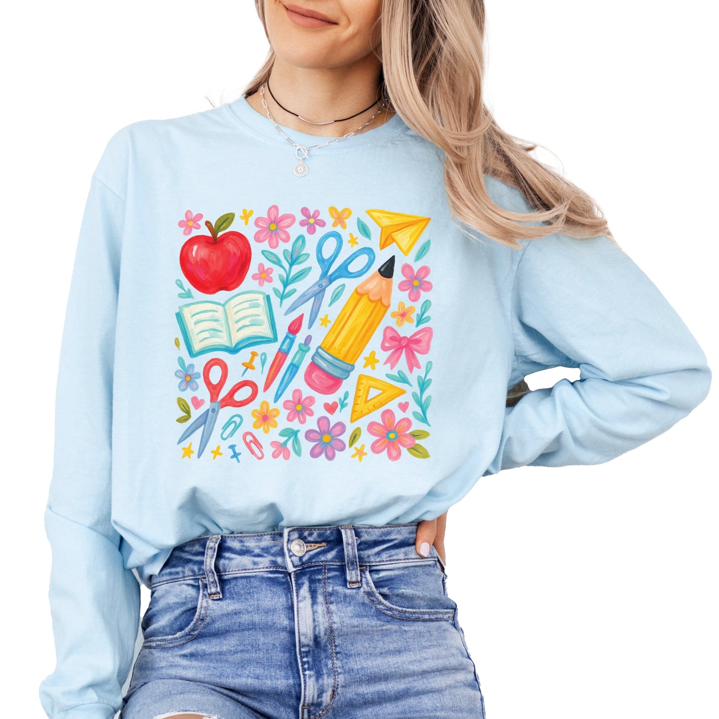 Watercolor Teacher Apple Collage - Women's Garment Dyed Long Sleeve