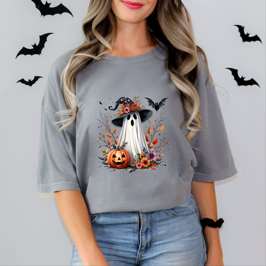Spooky Ghost Black Hat - Women's Garment Dyed Graphic T-Shirt