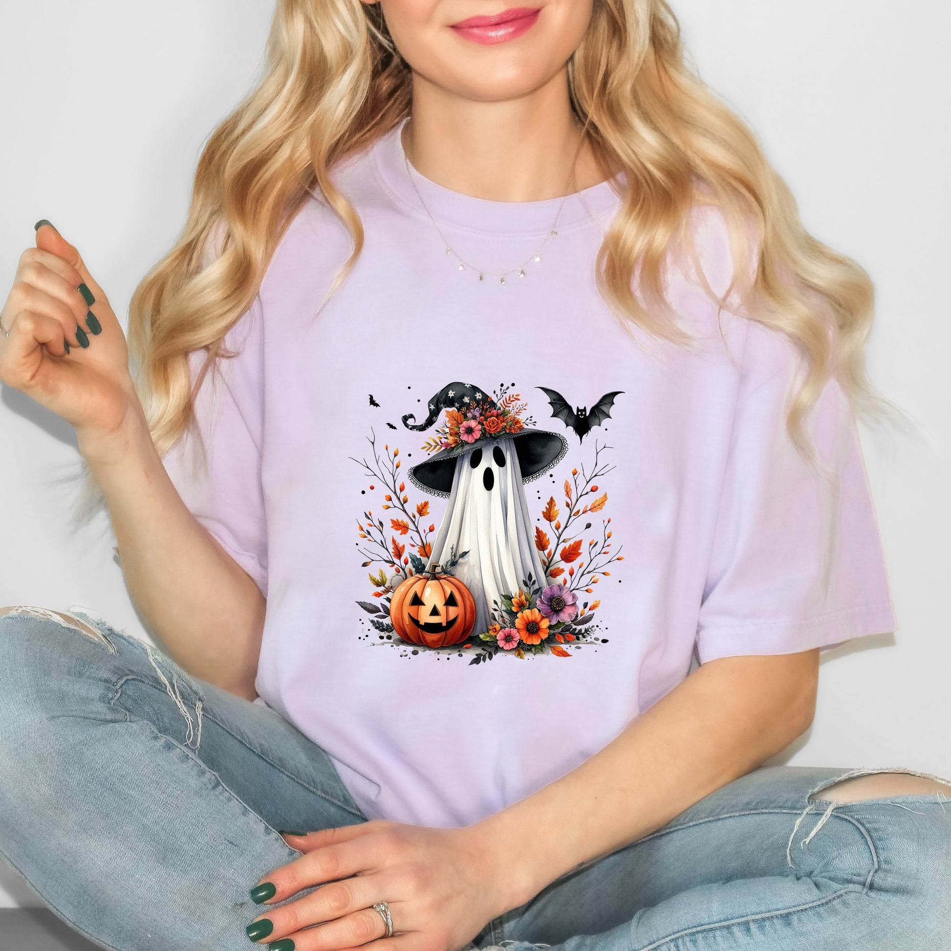 Spooky Ghost Black Hat - Women's Garment Dyed Graphic T-Shirt