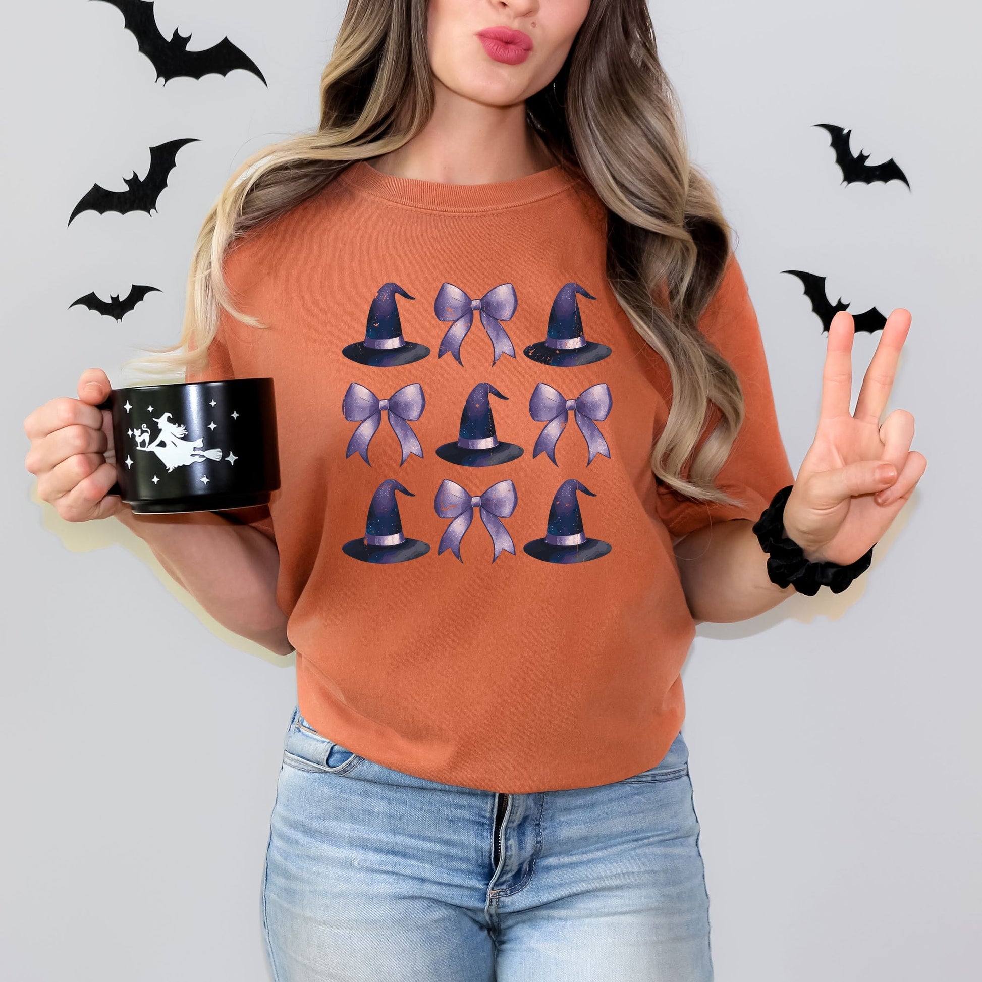 Coquette Witch Hat Collage - Women's Garment Dyed Graphic T-Shirt