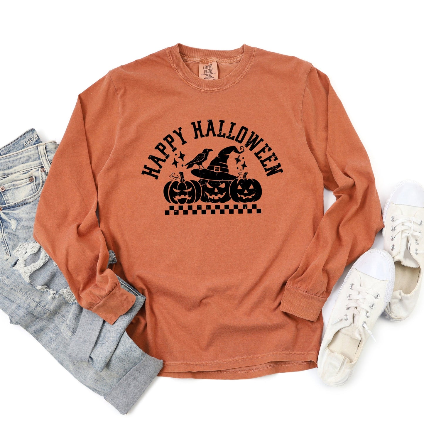 Happy Halloween Arch Distressed - Women's Garment Dyed Long Sleeve Graphic T-Shirt