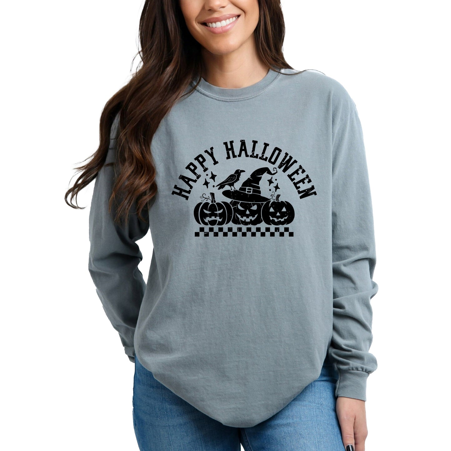 Happy Halloween Arch Distressed - Women's Garment Dyed Long Sleeve Graphic T-Shirt