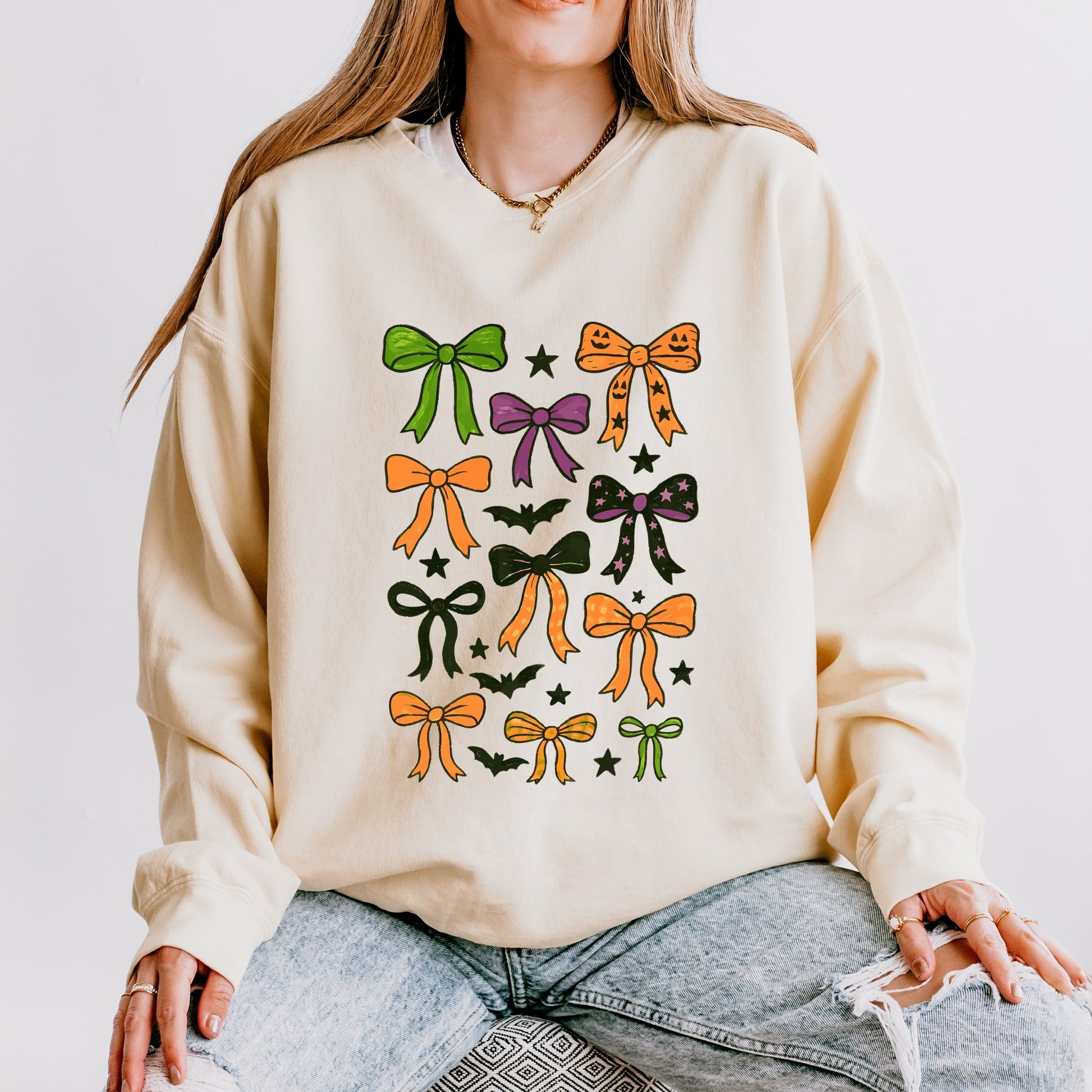 Coquette Colorful Halloween Bows - Women's Lightweight Garment Dyed Sweatshirt