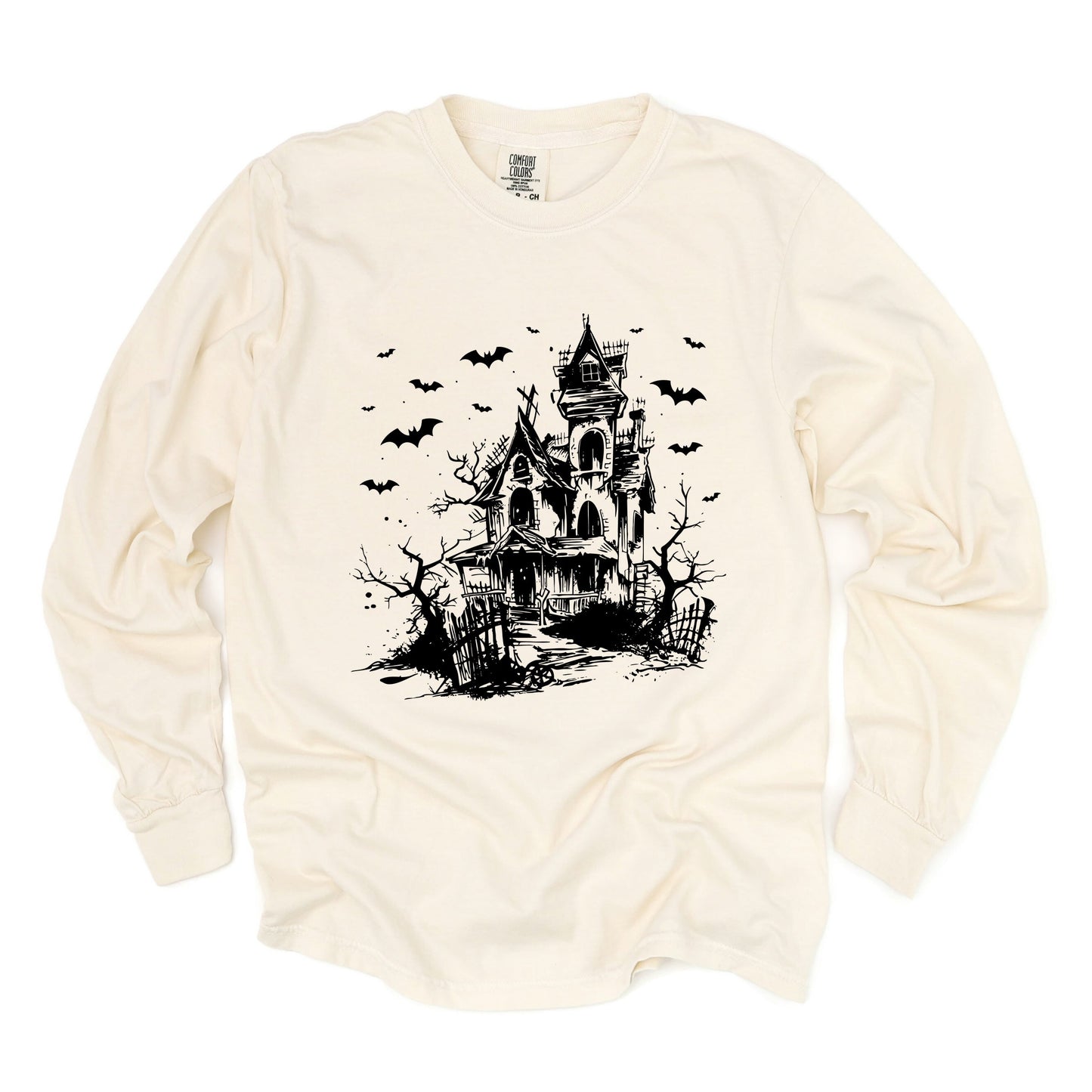 Haunted House And Bats - Women's Garment Dyed Long Sleeve Graphic T-Shirt