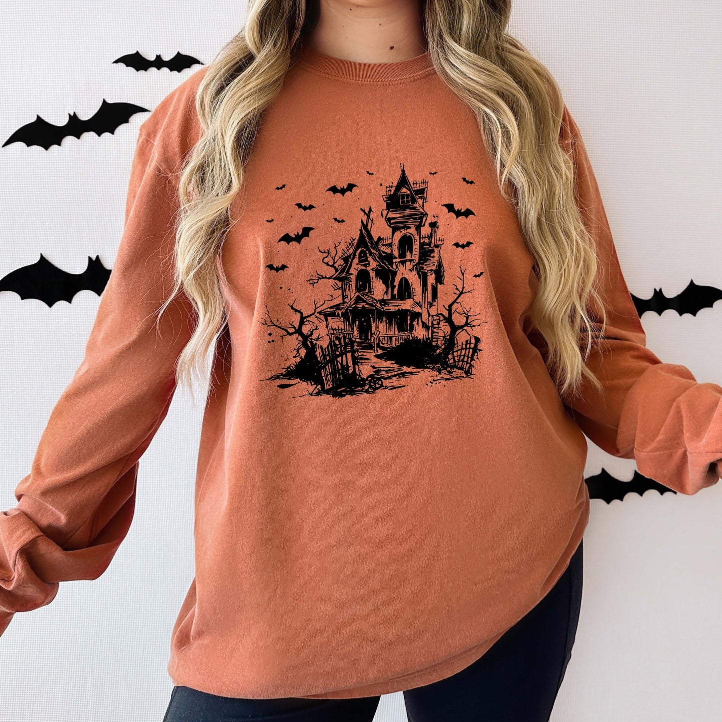 Haunted House And Bats - Women's Garment Dyed Long Sleeve Graphic T-Shirt