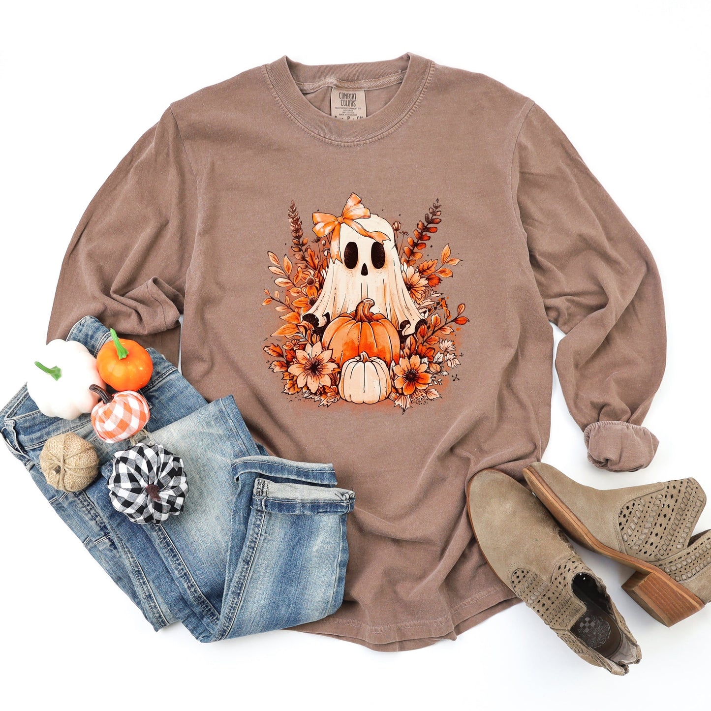 Girl Ghost Floral - Women's Garment Dyed Long Sleeve Graphic T-Shirt