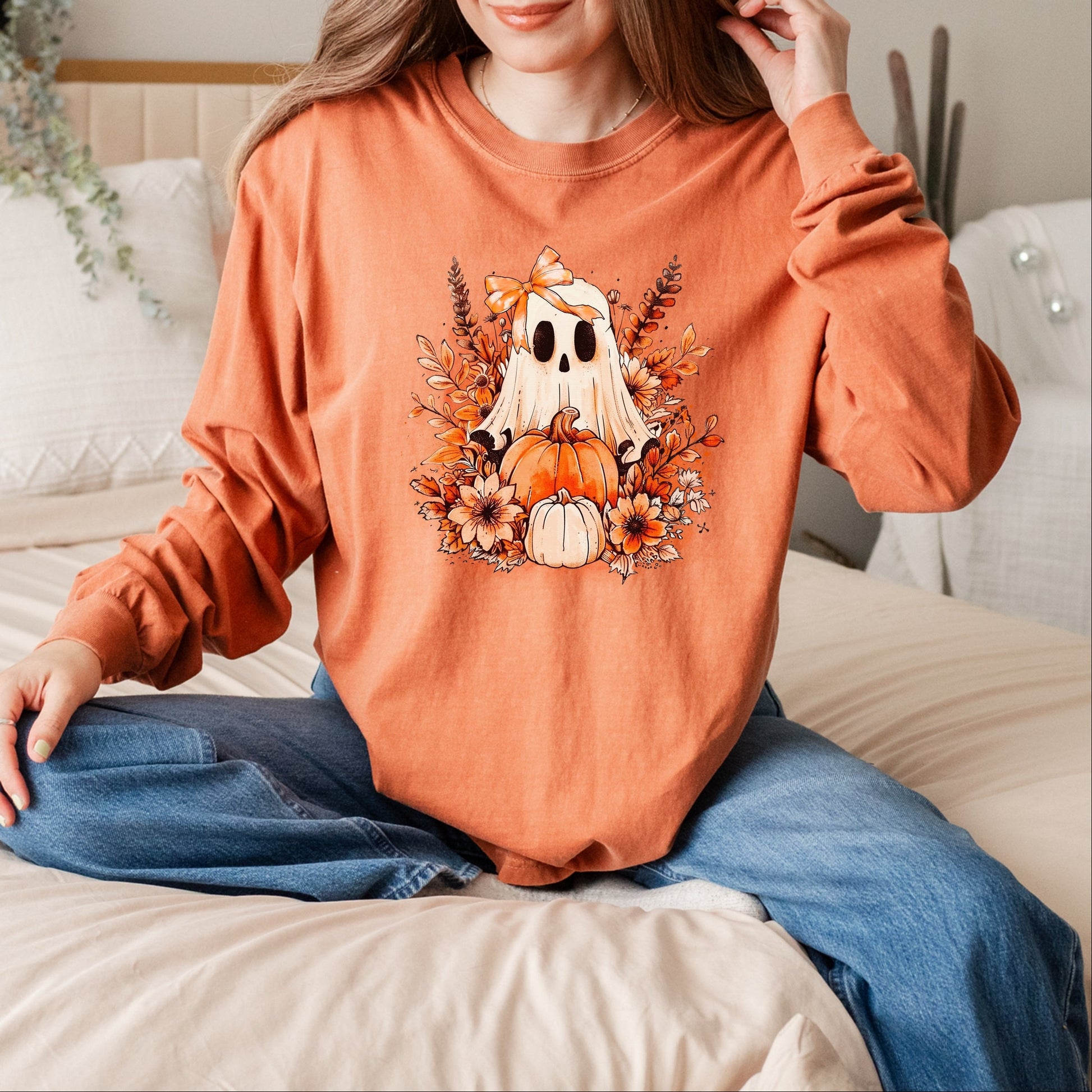 Girl Ghost Floral - Women's Garment Dyed Long Sleeve Graphic T-Shirt