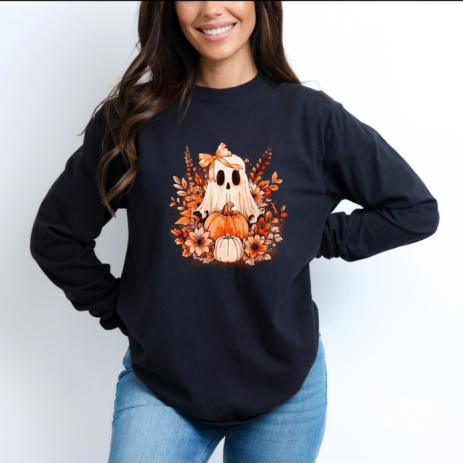 Girl Ghost Floral - Women's Garment Dyed Long Sleeve Graphic T-Shirt