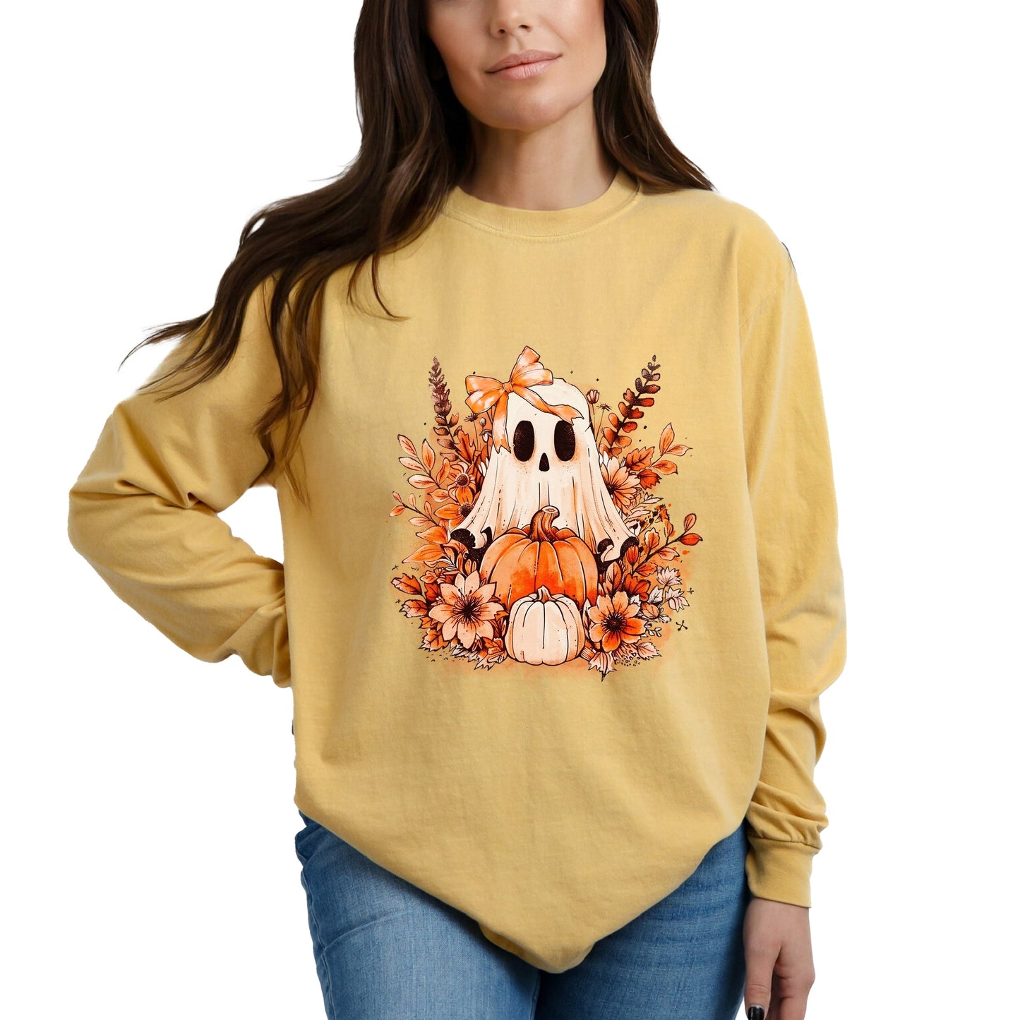 Girl Ghost Floral - Women's Garment Dyed Long Sleeve Graphic T-Shirt