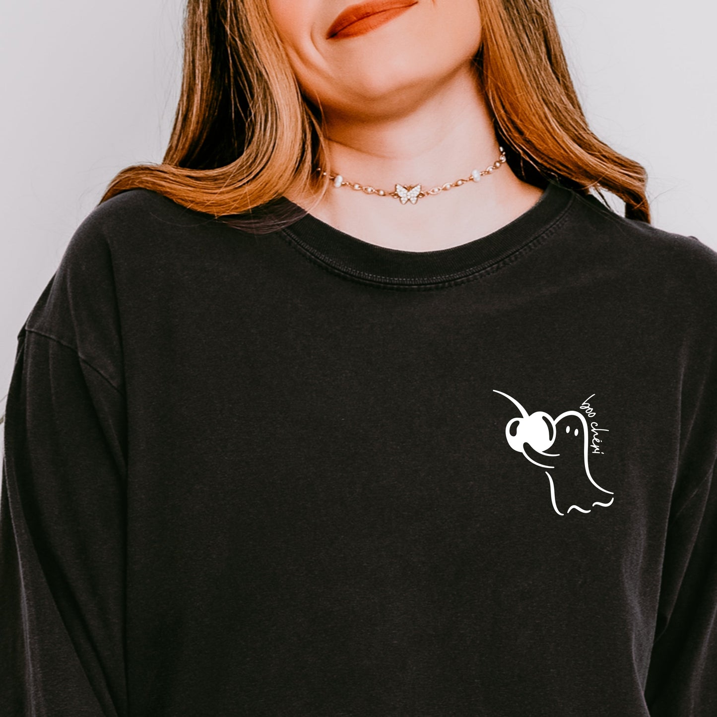 Boo Cheri Ghost - Women's Garment Dyed Long Sleeve Graphic T-Shirt