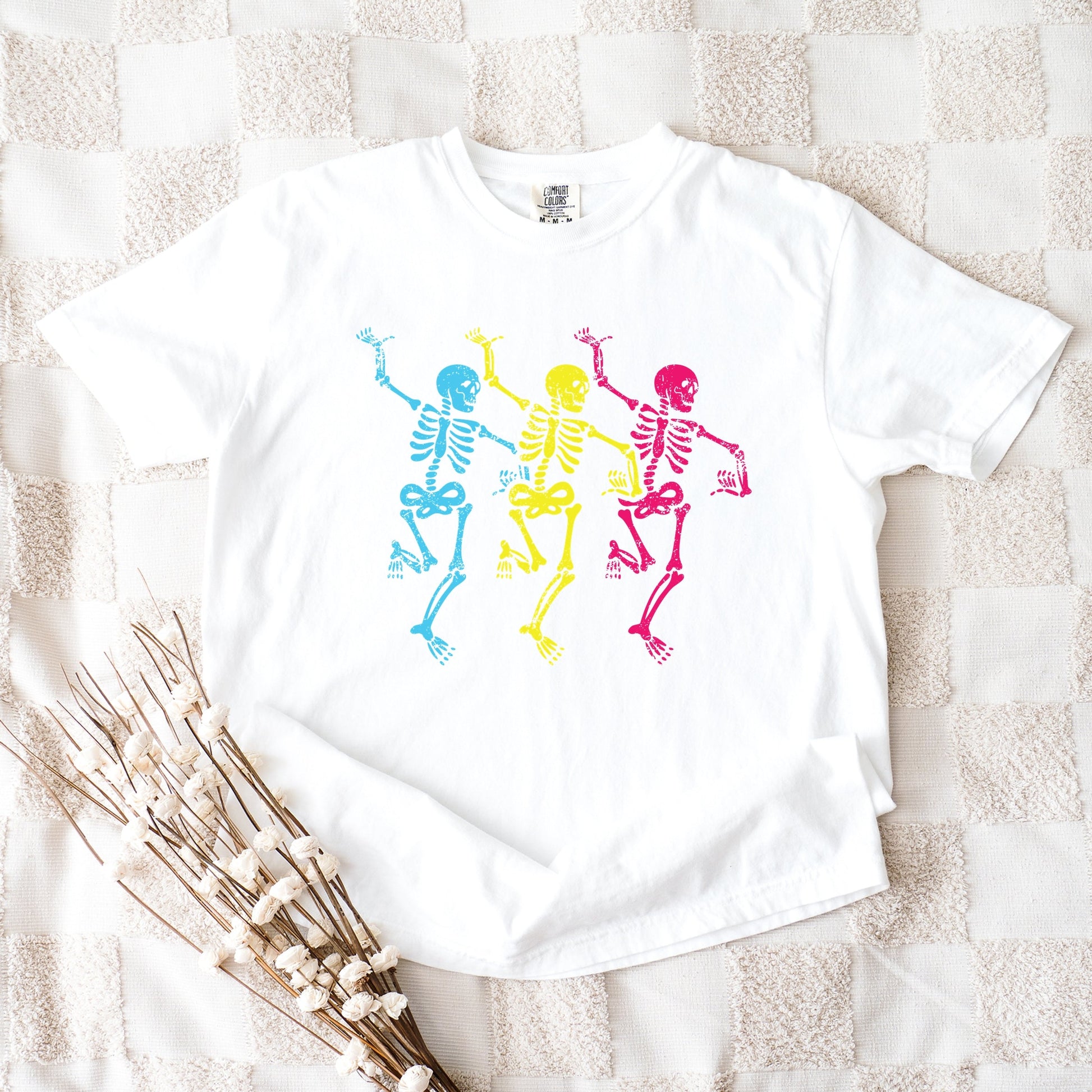Three Skeletons Dancing Neon - Women's Garment Dyed Graphic T-Shirt
