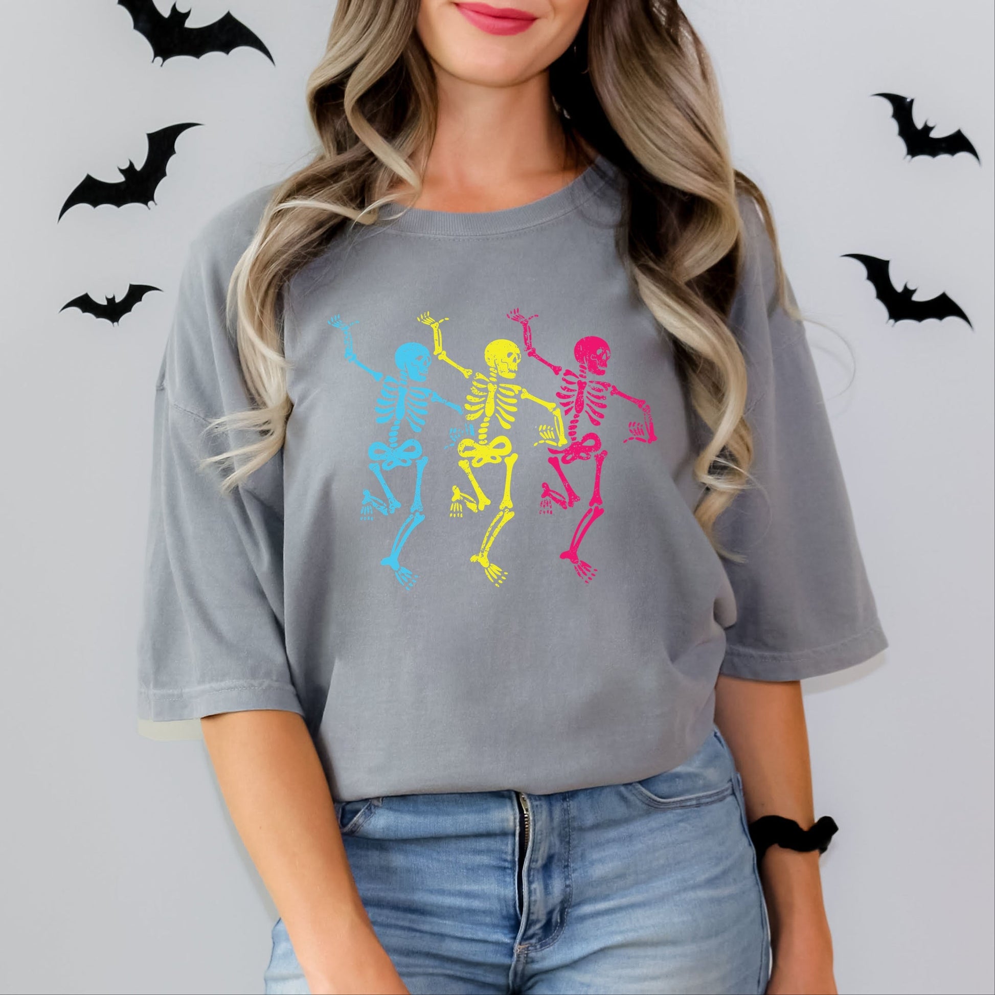 Three Skeletons Dancing Neon - Women's Garment Dyed Graphic T-Shirt