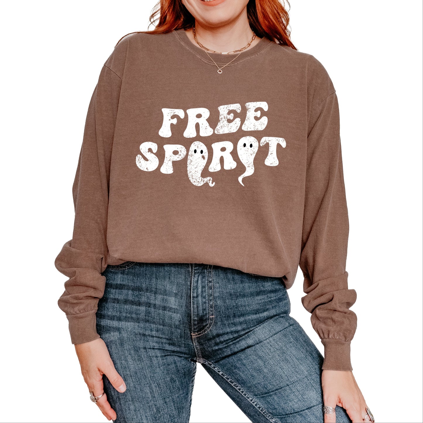 Free Spirit Ghost Distressed - Women's Garment Dyed Long Sleeve Graphic T-Shirt