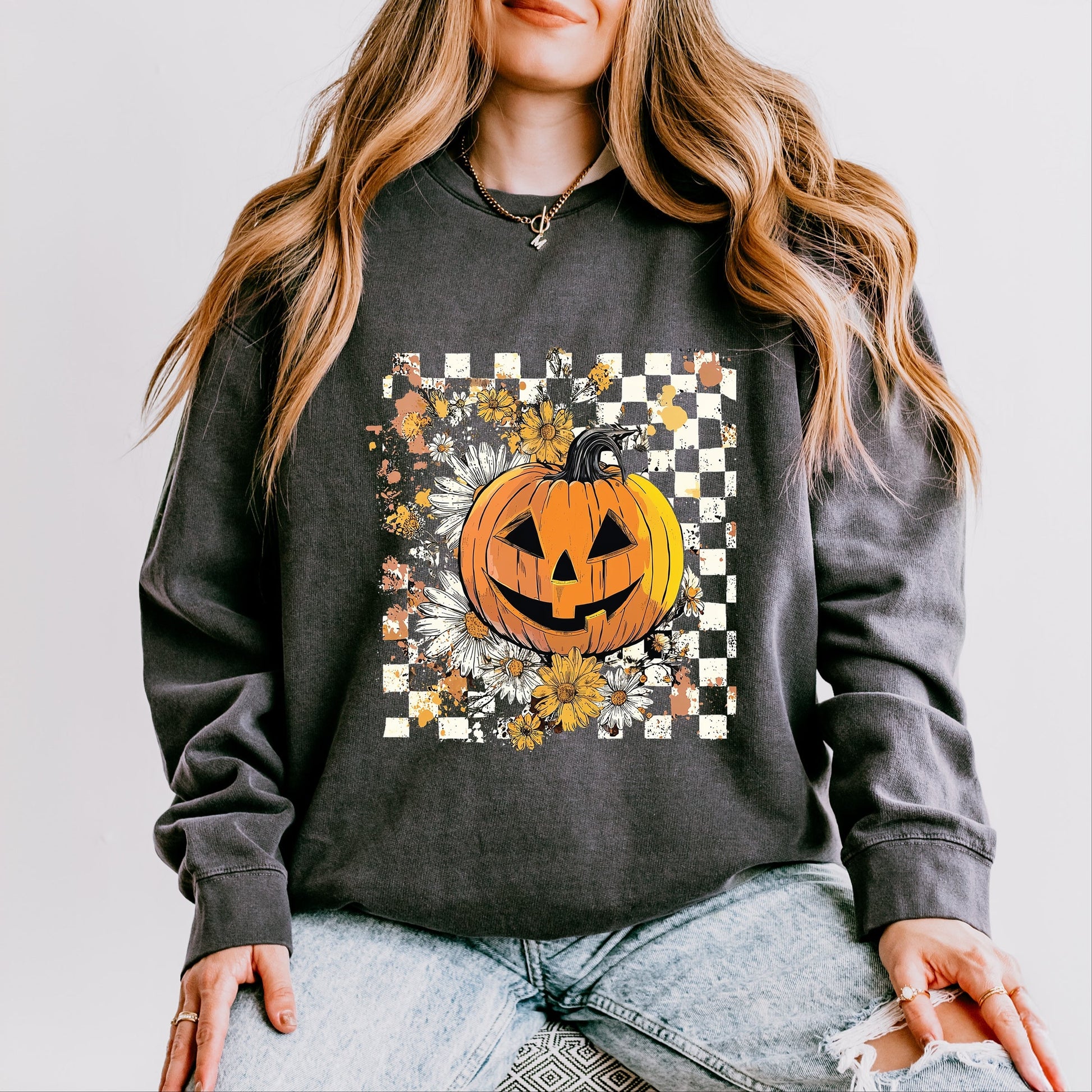Carved Pumpkin Checkered Floral - Womens Lightweight Garment Dyed Sweatshirt