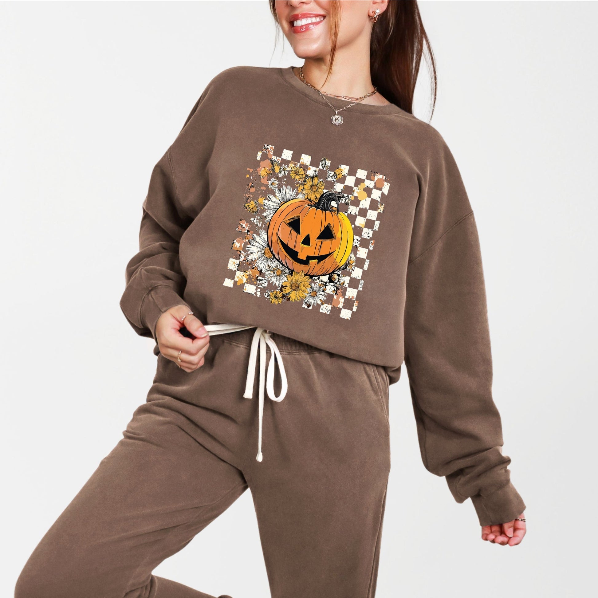 Carved Pumpkin Checkered Floral - Womens Lightweight Garment Dyed Sweatshirt