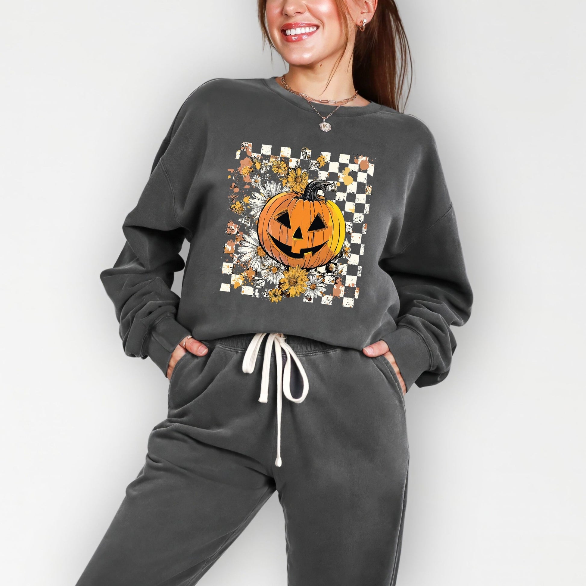 Carved Pumpkin Checkered Floral - Womens Lightweight Garment Dyed Sweatshirt