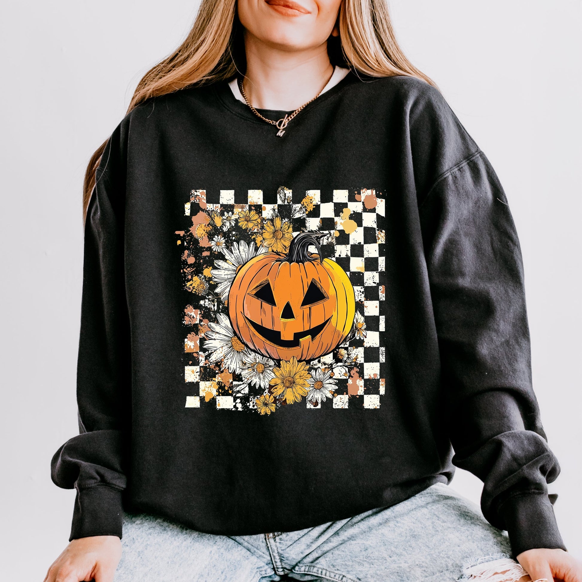 Carved Pumpkin Checkered Floral - Womens Lightweight Garment Dyed Sweatshirt