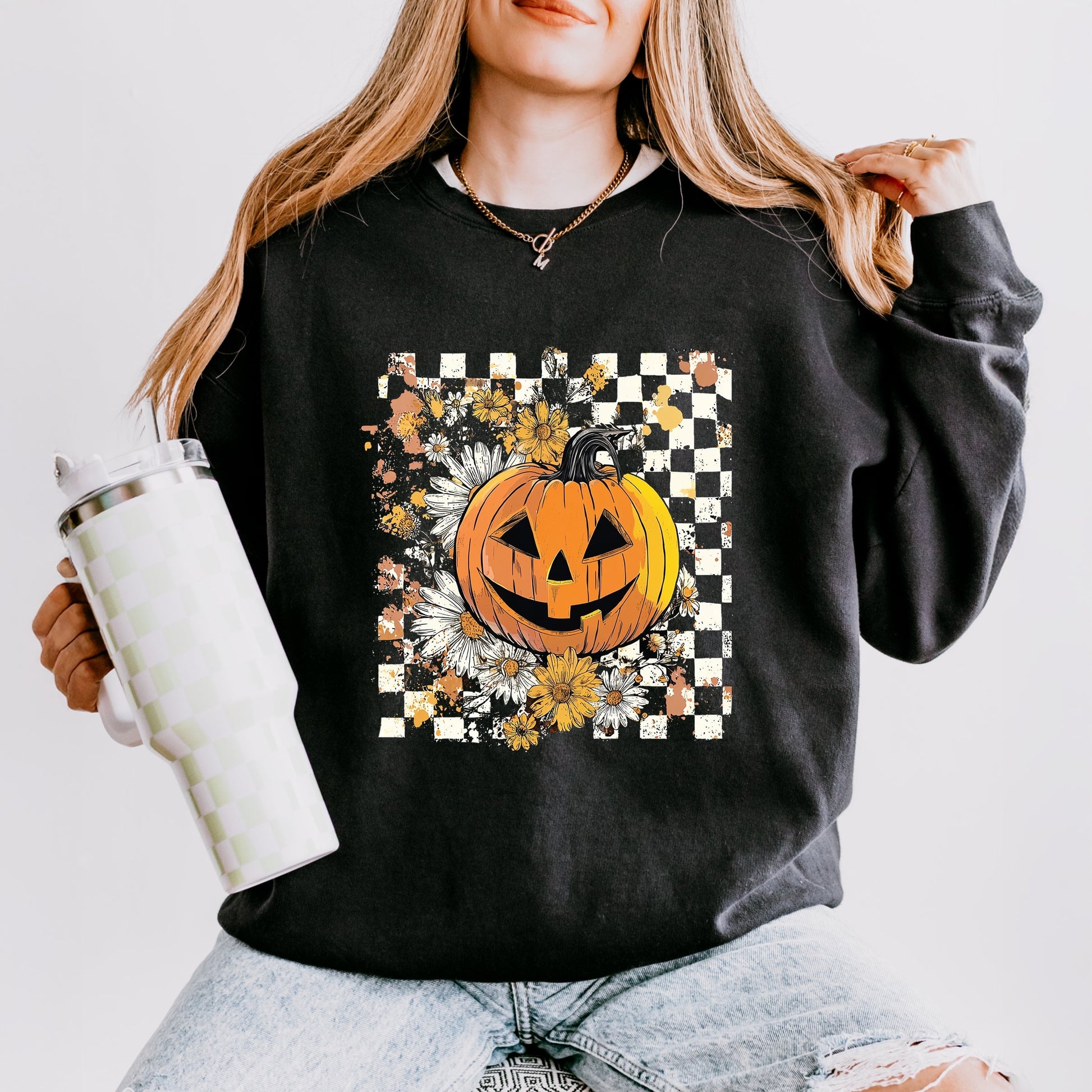 Carved Pumpkin Checkered Floral - Womens Lightweight Garment Dyed Sweatshirt
