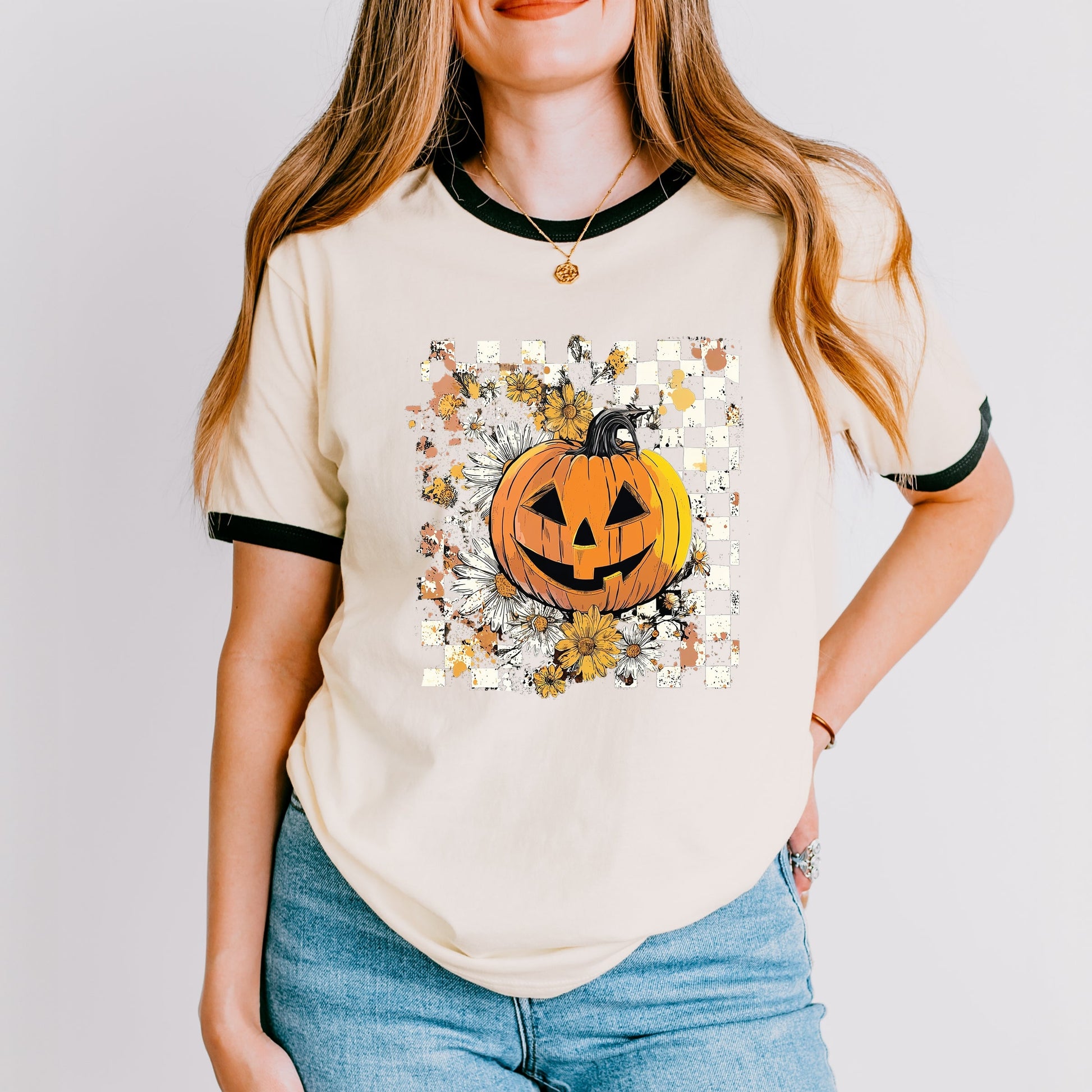 Carved Pumpkin Checkered Floral - Womens Ringer Tee