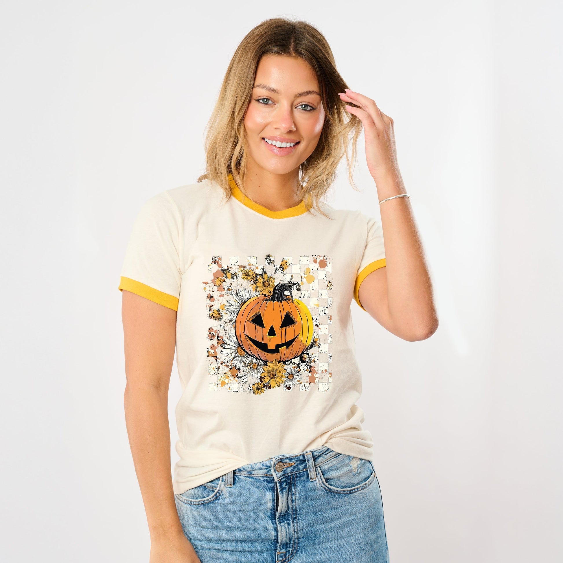 Carved Pumpkin Checkered Floral - Womens Ringer Tee