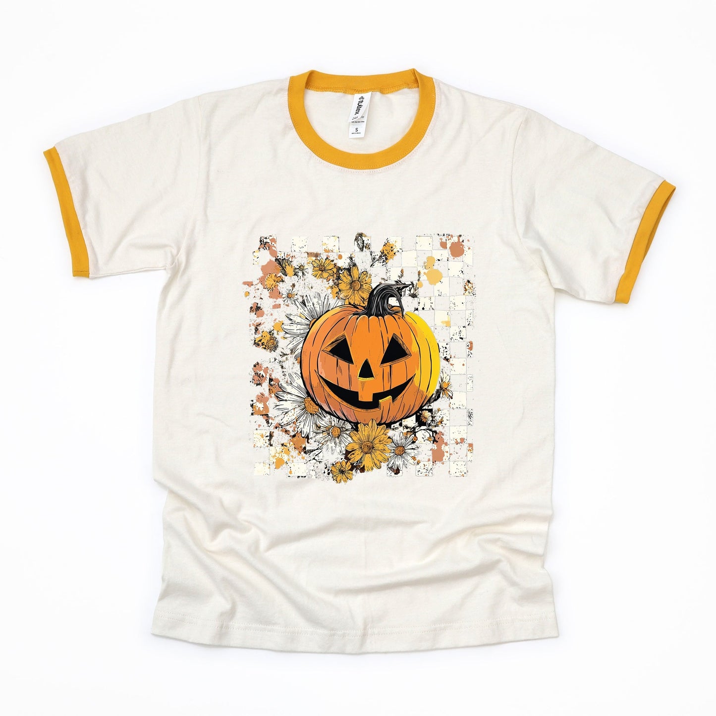 Carved Pumpkin Checkered Floral - Women's Ringer Tee