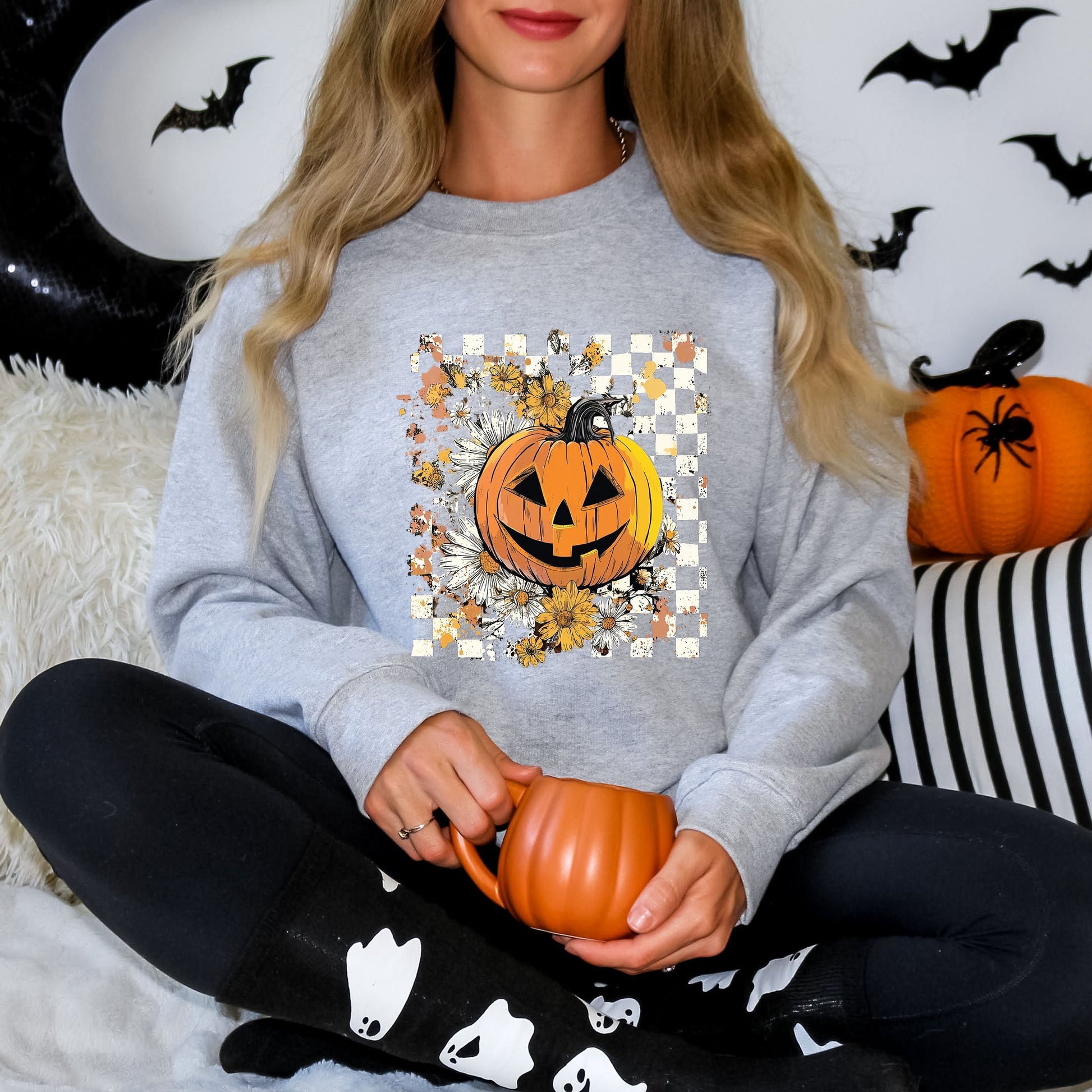 Carved Pumpkin Checkered Floral -  Womens Sweatshirt