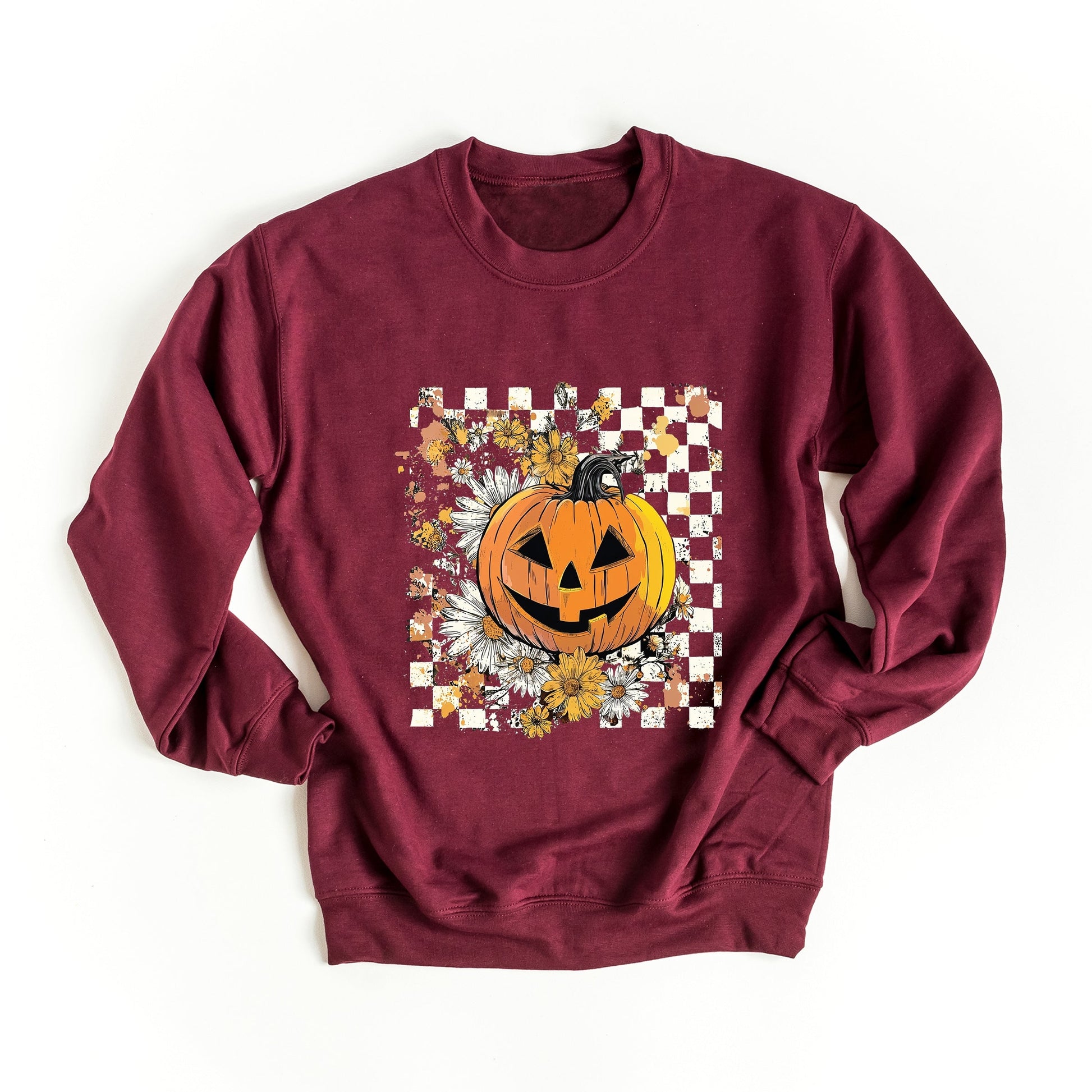 Carved Pumpkin Checkered Floral -  Womens Sweatshirt