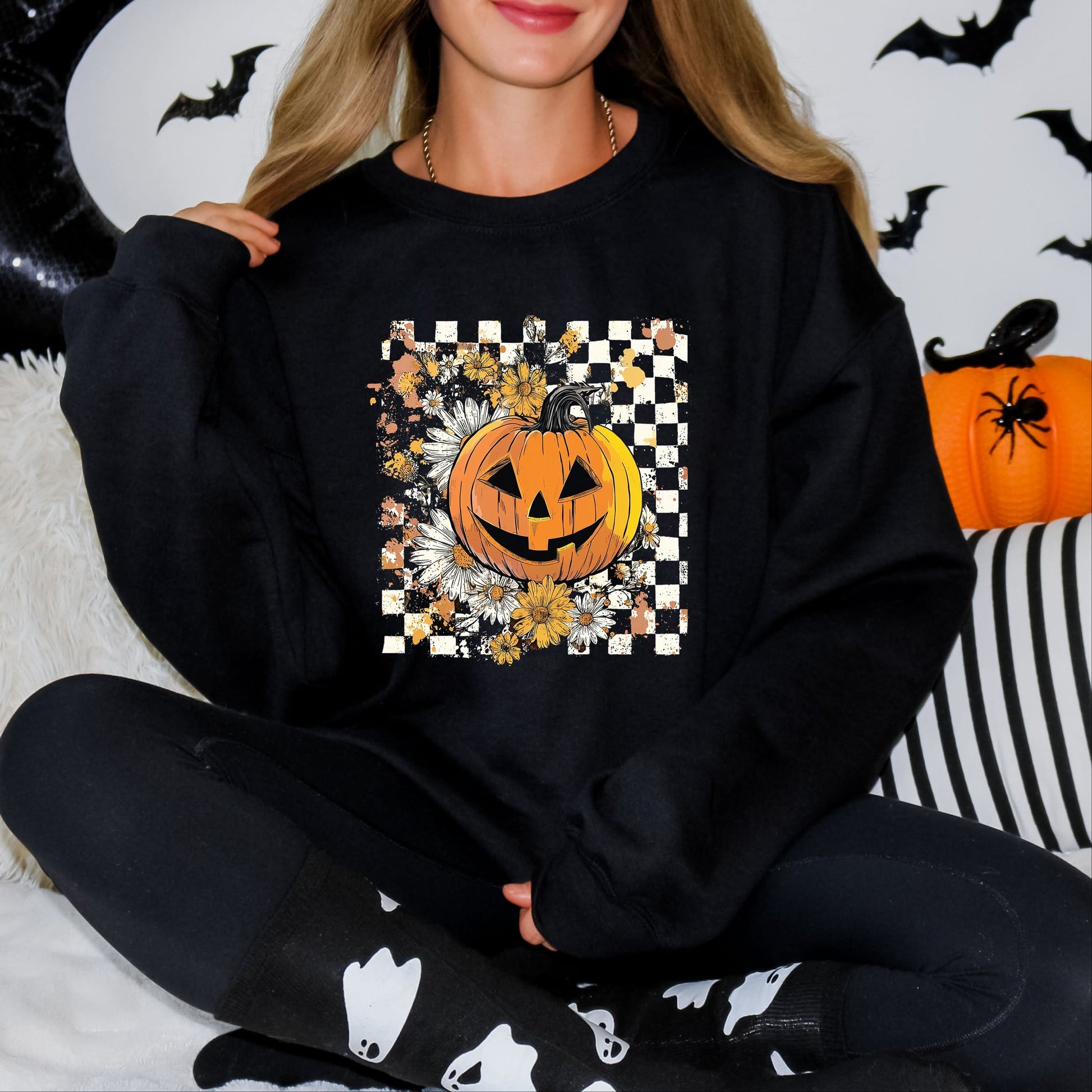 Carved Pumpkin Checkered Floral -  Womens Sweatshirt