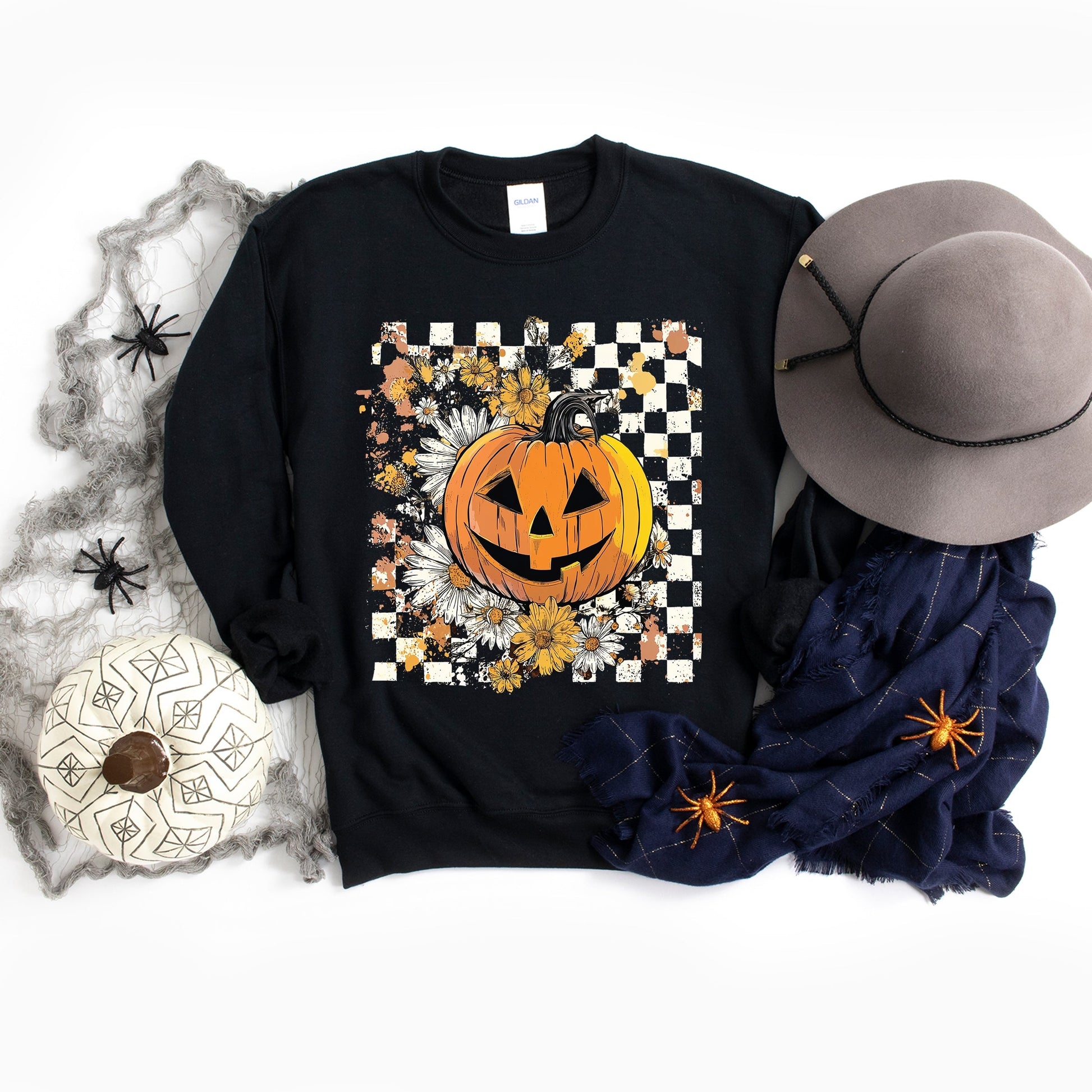 Carved Pumpkin Checkered Floral -  Womens Sweatshirt