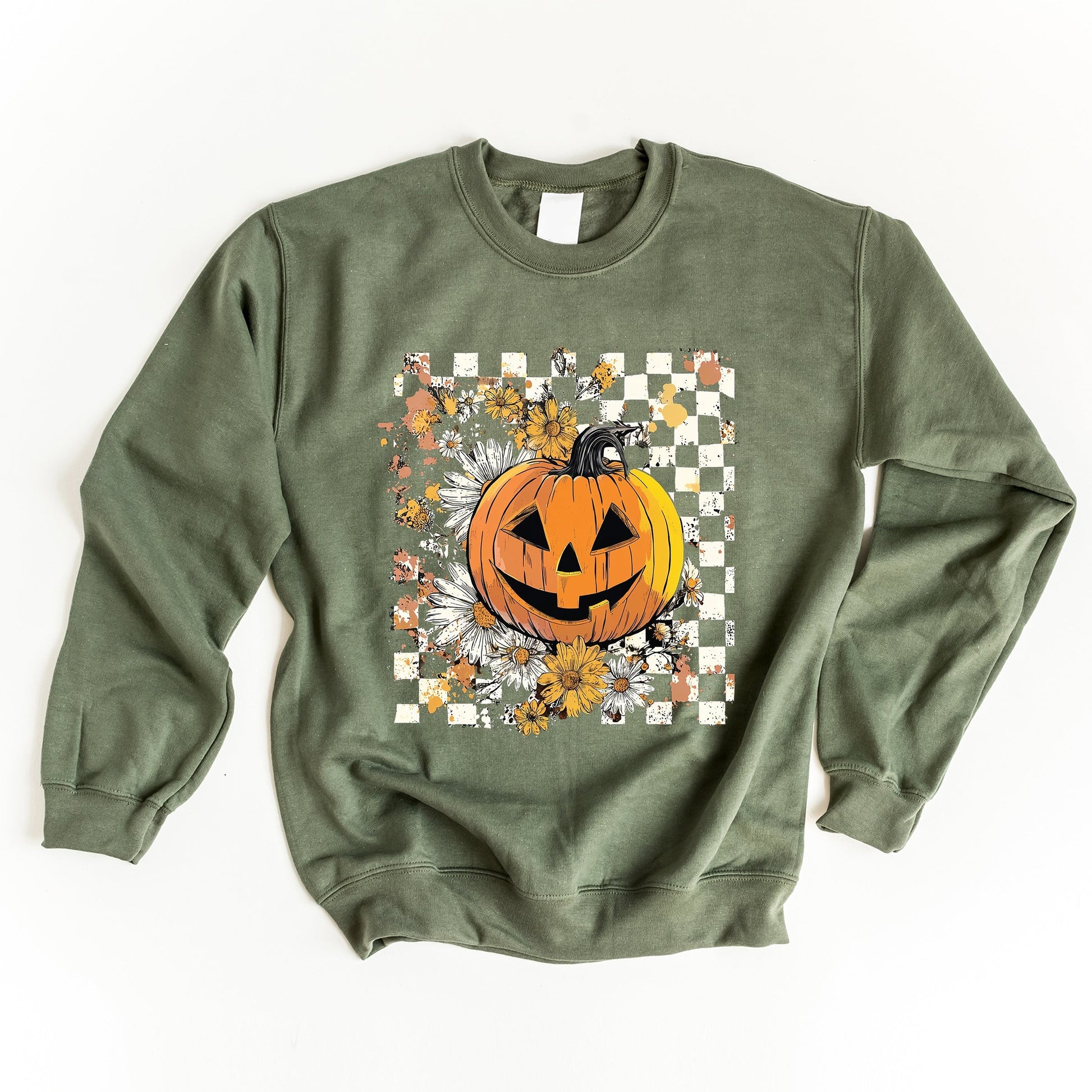 Carved Pumpkin Checkered Floral -  Womens Sweatshirt