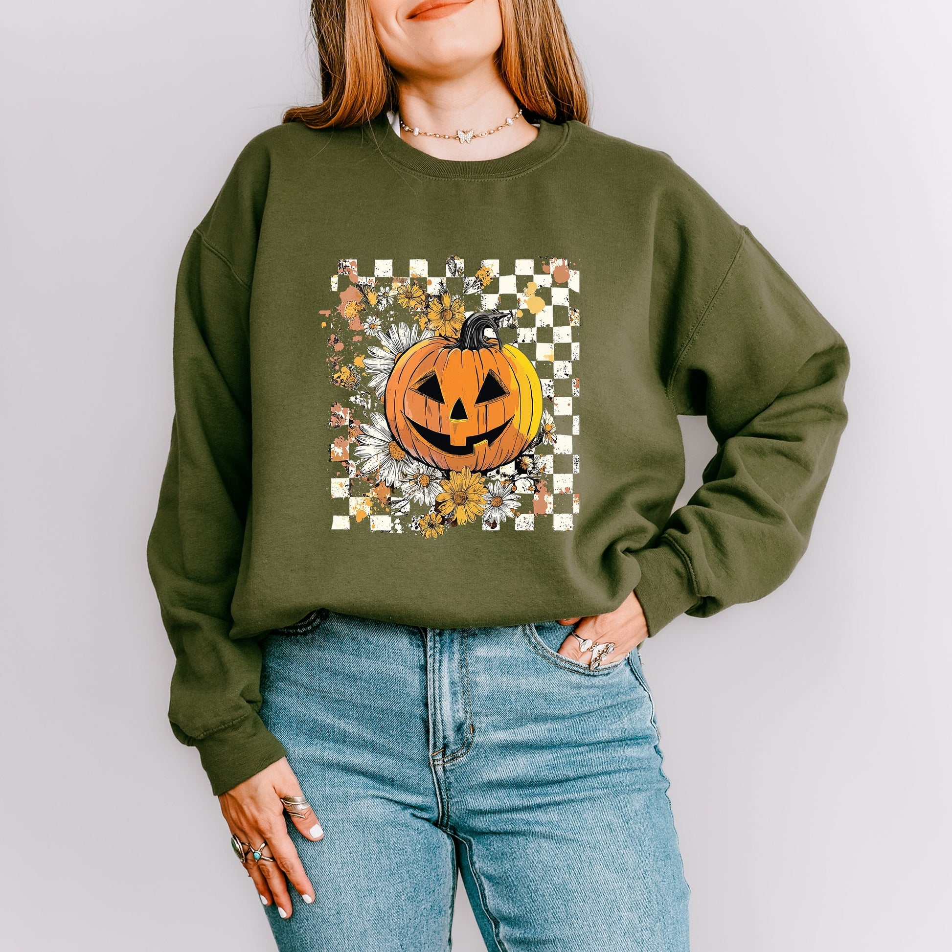 Carved Pumpkin Checkered Floral -  Womens Sweatshirt