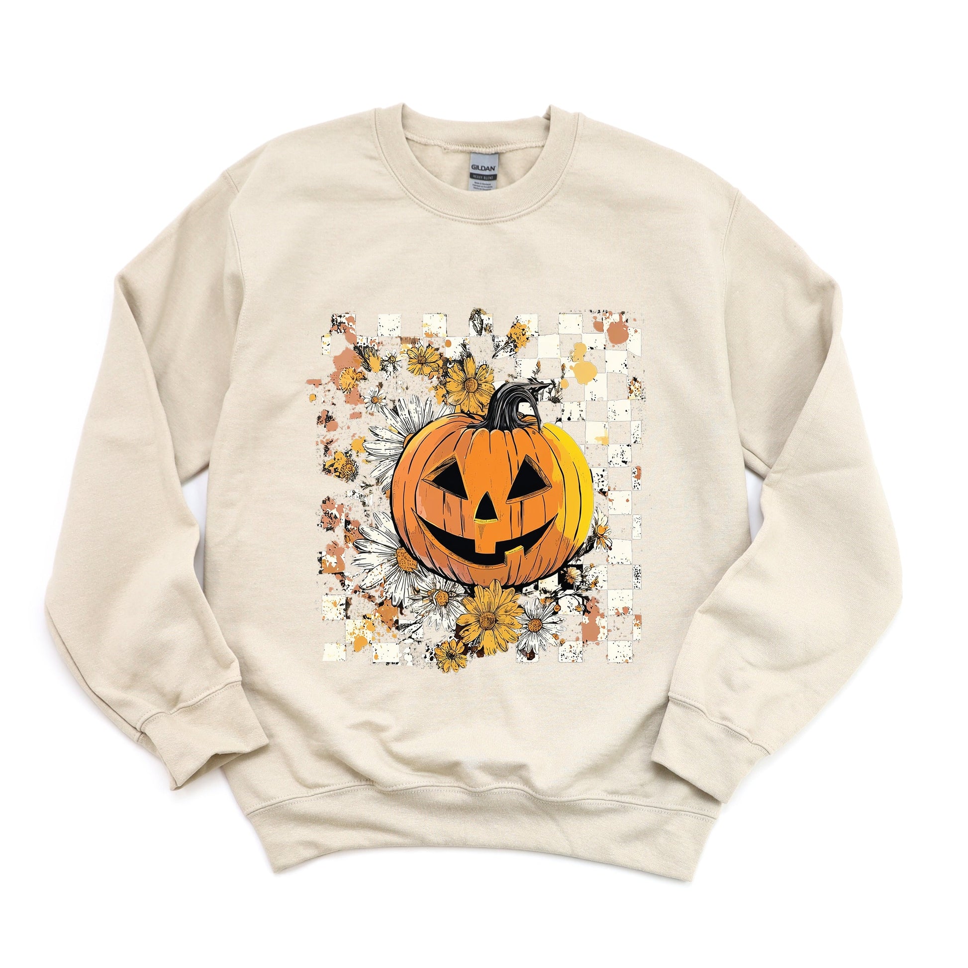 Carved Pumpkin Checkered Floral -  Womens Sweatshirt