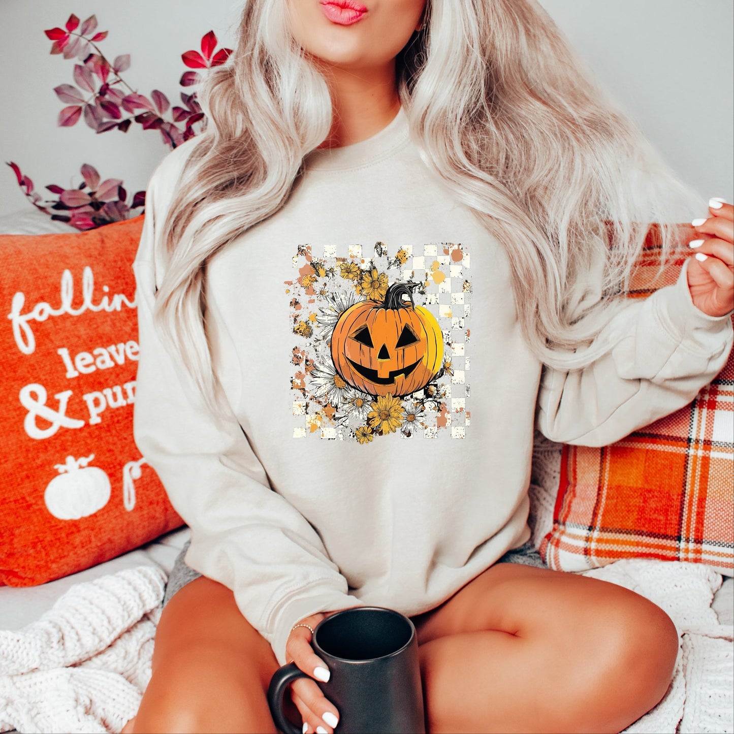 Carved Pumpkin Checkered Floral -  Womens Sweatshirt