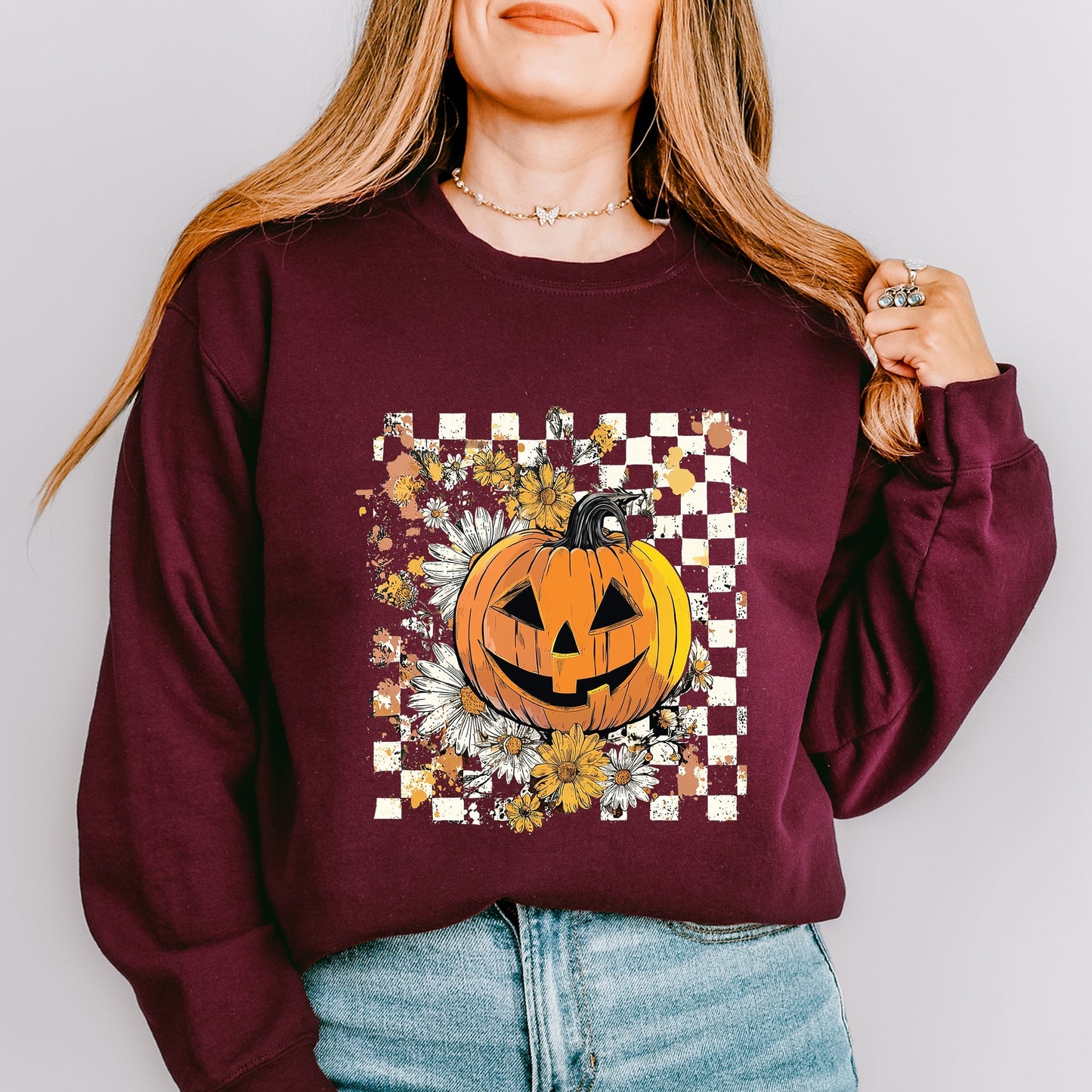 Carved Pumpkin Checkered Floral - Women's Sweatshirt