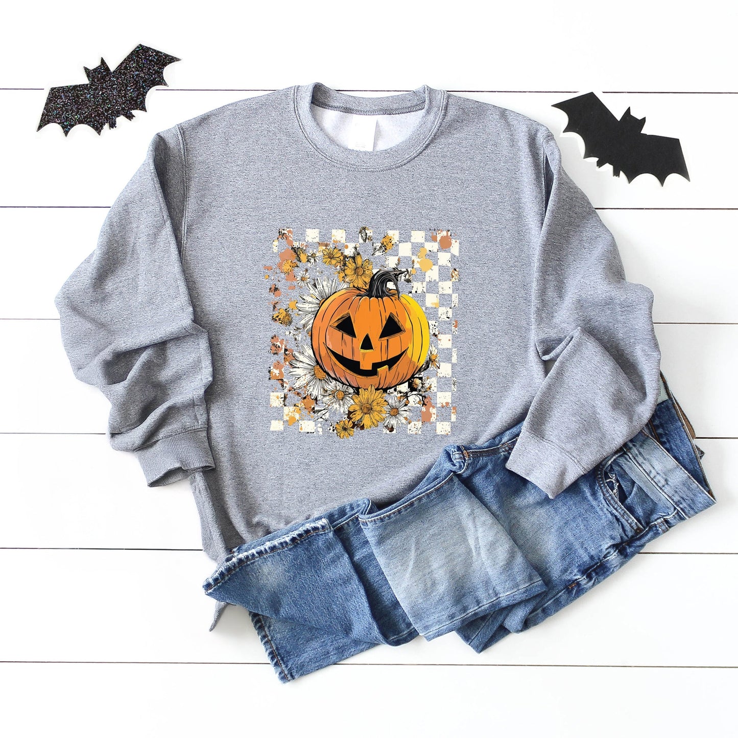 Carved Pumpkin Checkered Floral -  Womens Sweatshirt