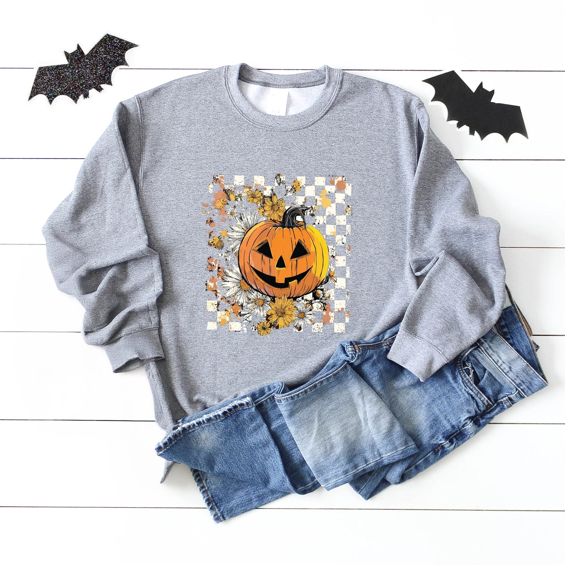 Carved Pumpkin Checkered Floral -  Womens Sweatshirt
