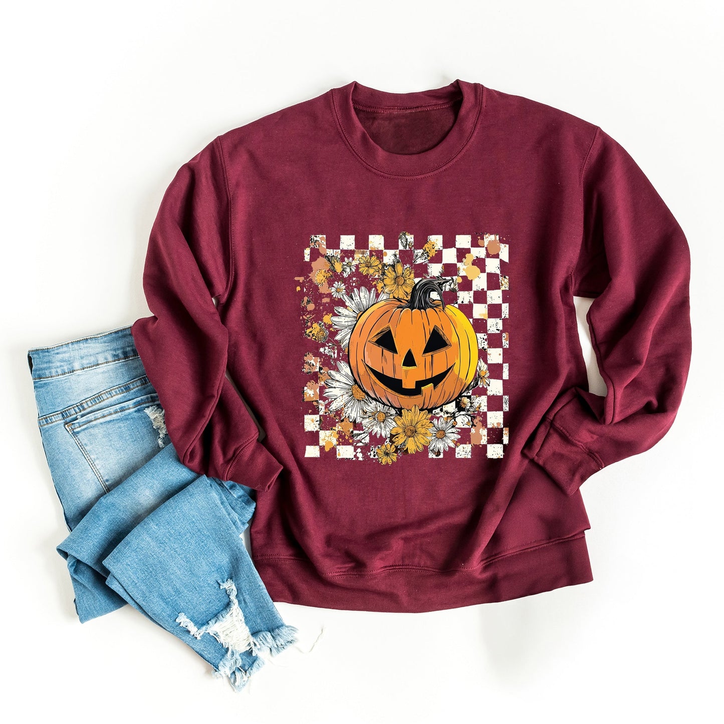 Carved Pumpkin Checkered Floral -  Womens Sweatshirt